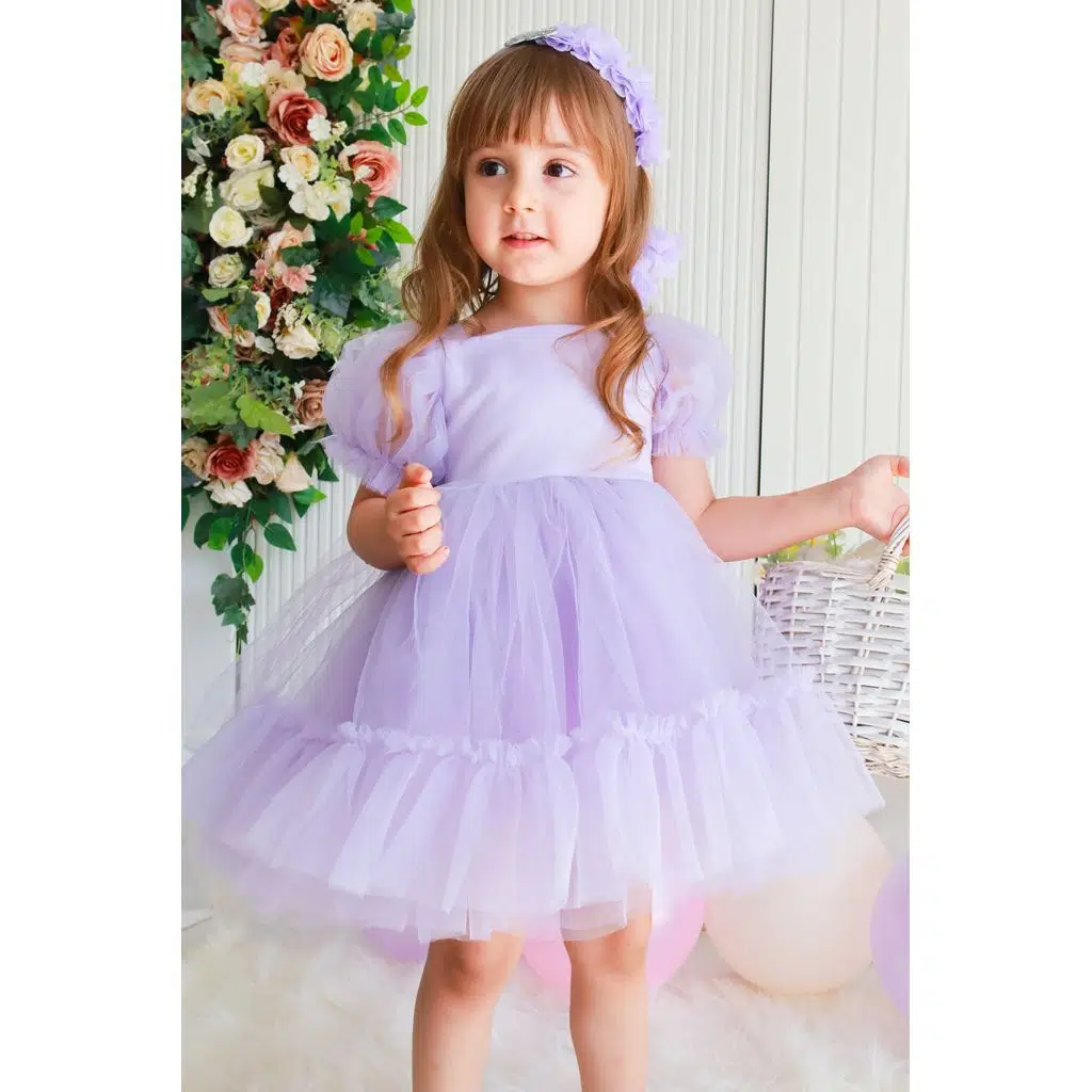 Kız Bebek Elbise Kız Çocuk Elbise Doğum Günü Parti Düğün Elbise Dantelli Kısa Kol Astarlı Elbise - Mor