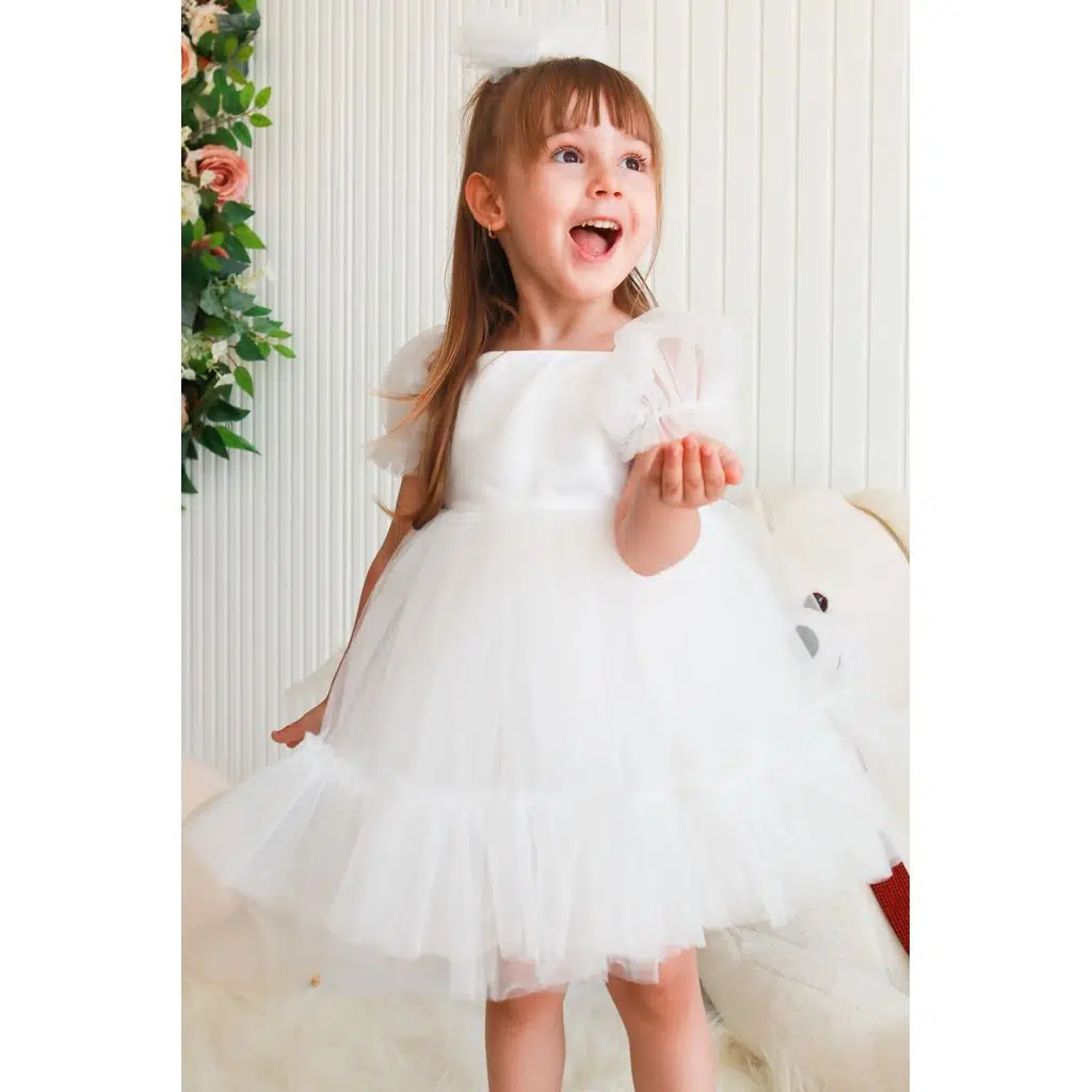 Kız Bebek Elbise Kız Çocuk Elbise Doğum Günü Parti Düğün Elbise Dantelli Kısa Kol Astarlı Elbise - Beyaz