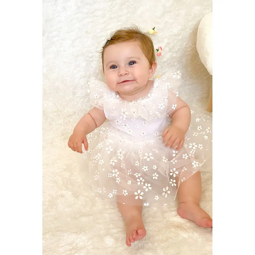 Kız Bebek Elbise Kız Çocuk Elbise Doğum Günü Parti Düğün Elbise Dantelli Kısa Kol Astarlı Elbise - Beyaz
