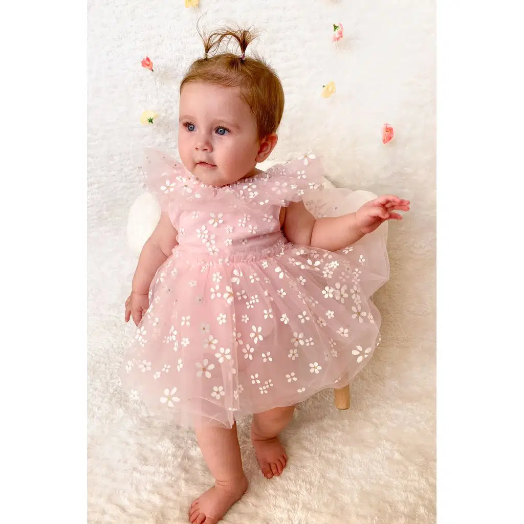 Kız Bebek Elbise Kız Çocuk Elbise Doğum Günü Parti Düğün Elbise Dantelli Kısa Kol Astarlı Elbise - Pembe