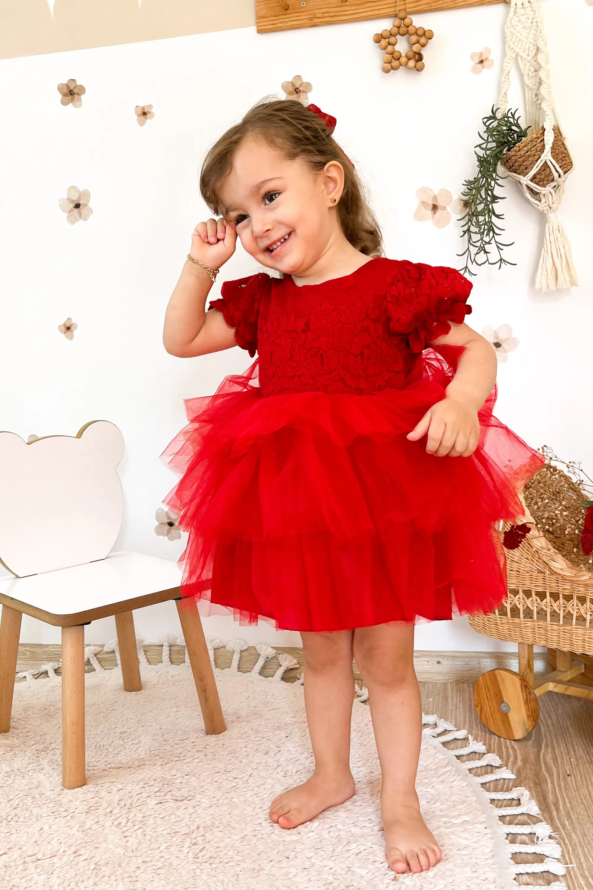 Kız Bebek Elbise Kız Çocuk Elbise Doğum Günü Parti Düğün Elbise Dantelli Kısa Kol Astarlı Elbise - Kırmızı