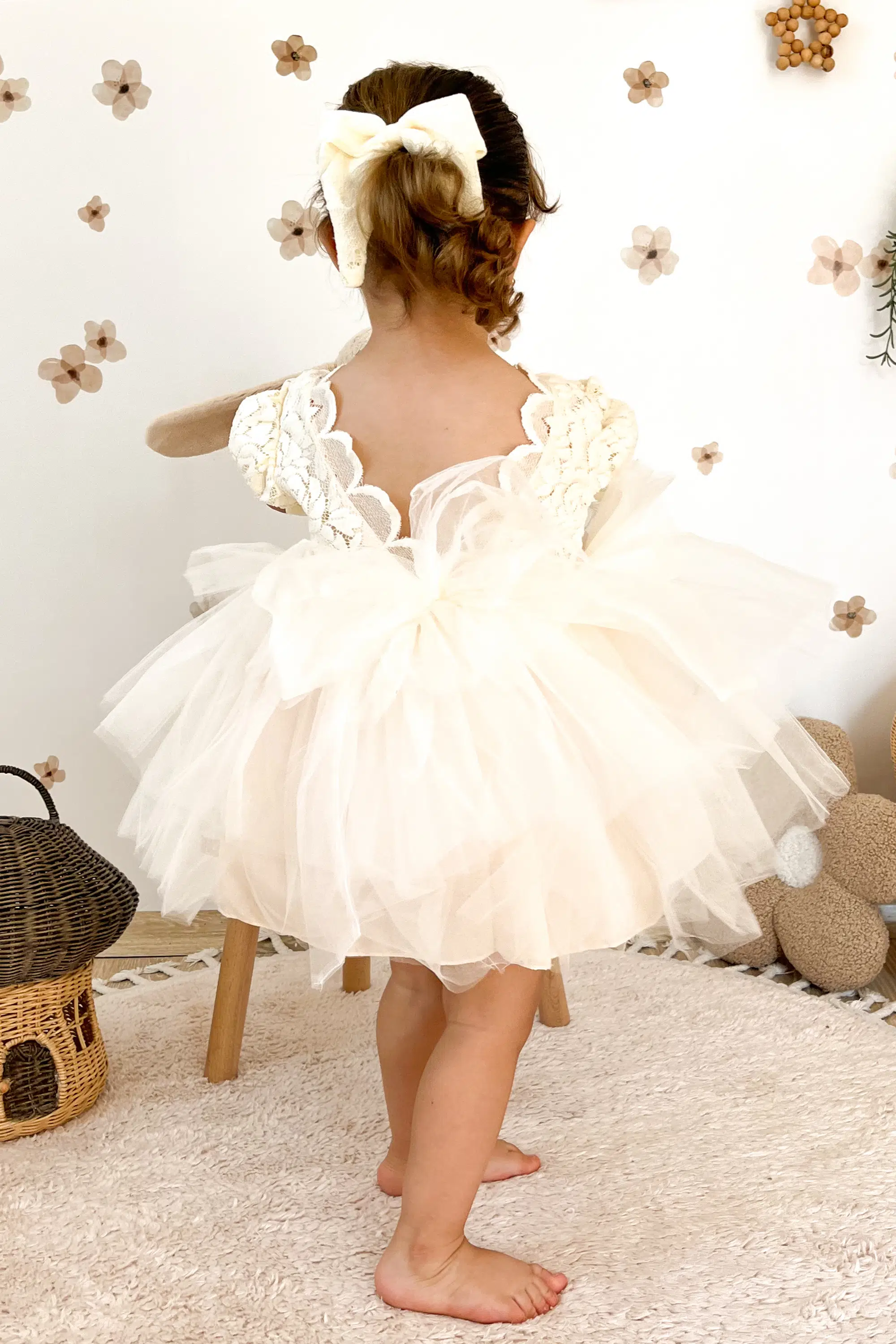 Kız Bebek Elbise Kız Çocuk Elbise Doğum Günü Parti Düğün Elbise Dantelli Kısa Kol Astarlı Elbise - Krem