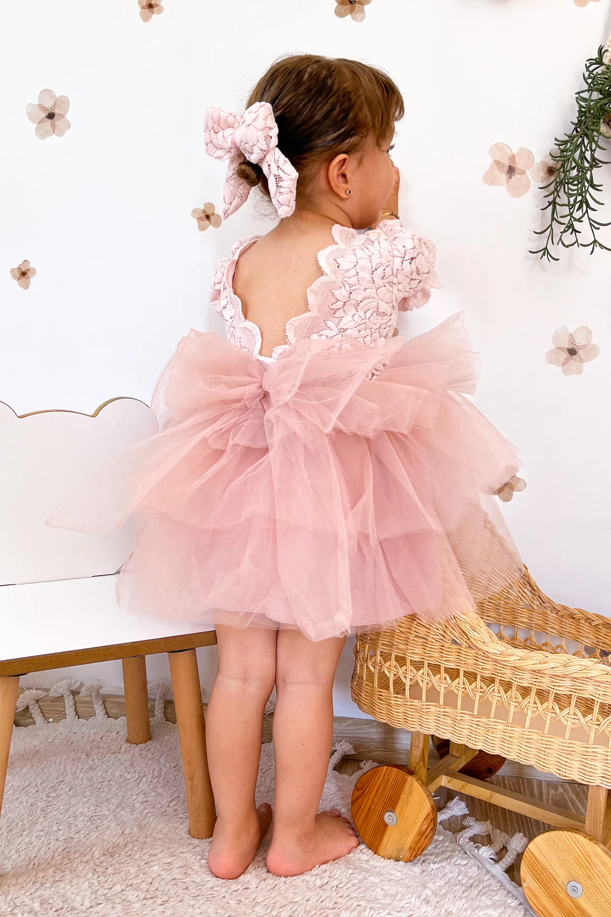 Kız Bebek Elbise Kız Çocuk Elbise Doğum Günü Parti Düğün Elbise Dantelli Kısa Kol Astarlı Elbise - Pudra
