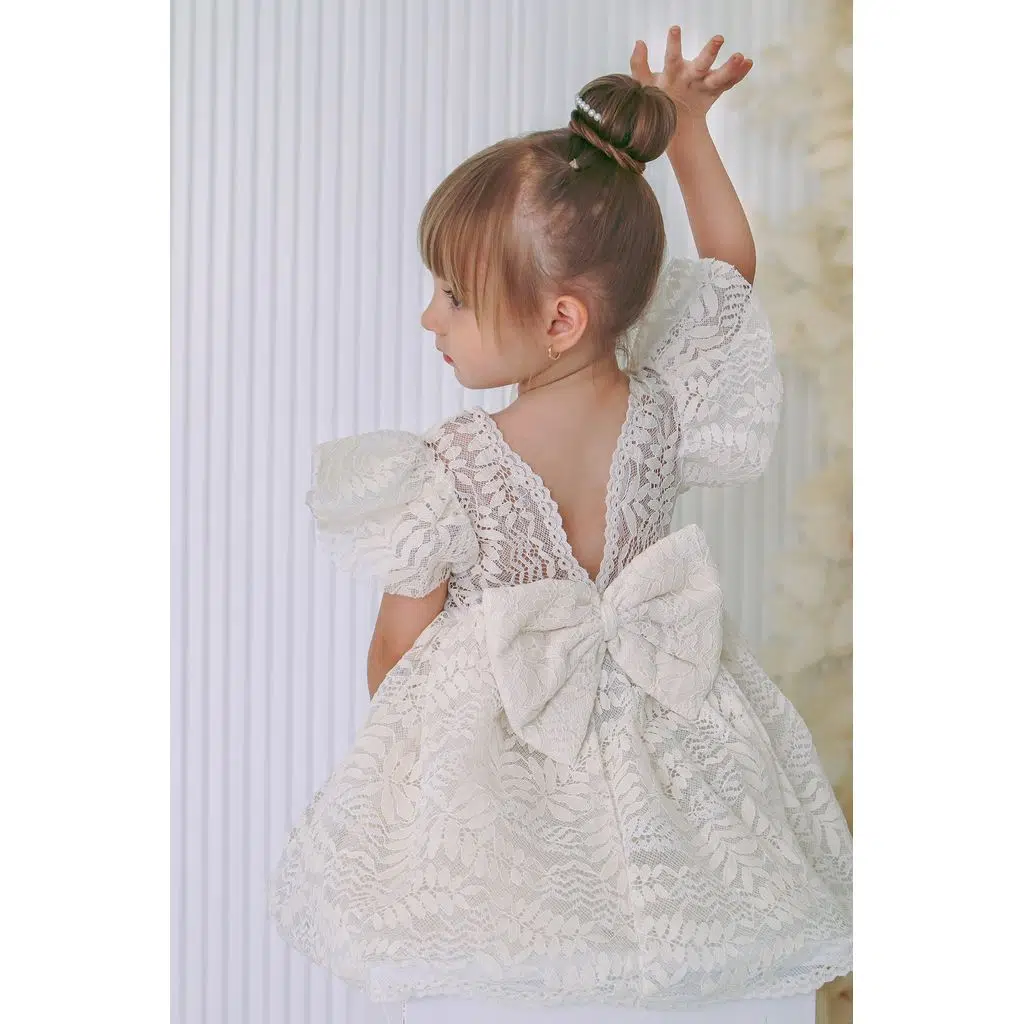 Kız Bebek Elbise Kız Çocuk Elbise Doğum Günü Parti Düğün Elbise Dantelli Kısa Kol Astarlı Elbise - Krem