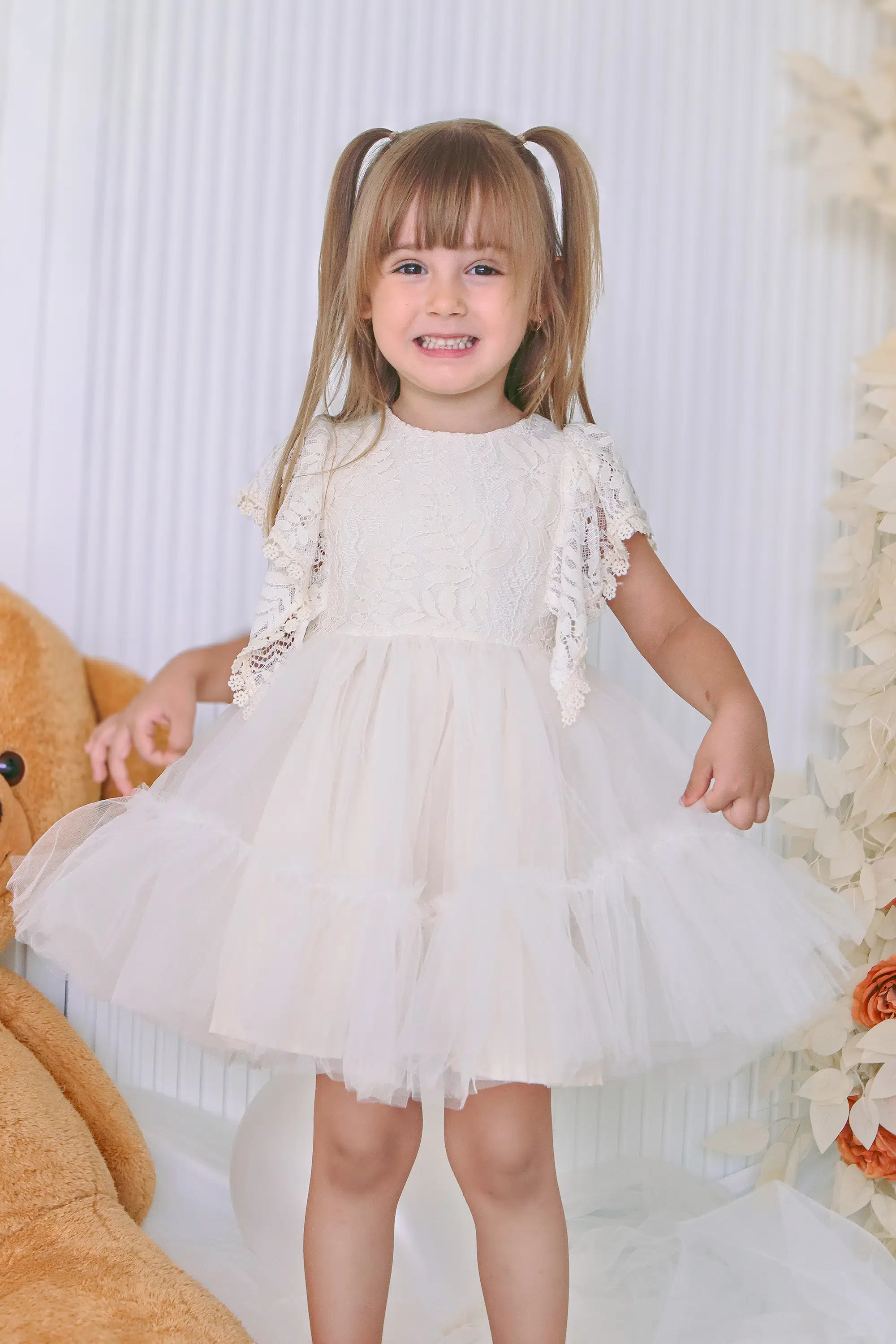 Kız Bebek Elbise Kız Çocuk Elbise Doğum Günü Parti Düğün Elbise Dantelli Kısa Kol Astarlı Elbise - Krem