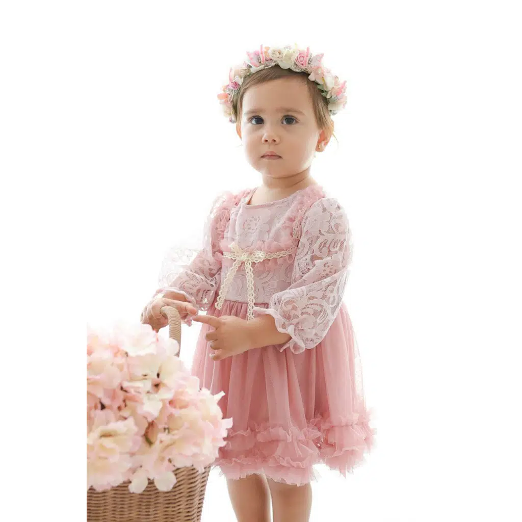 Kız Bebek Elbise Kız Çocuk Elbise Doğum Günü Parti Düğün Elbise Dantelli Uzun Kol Astarlı Elbise - Pudra