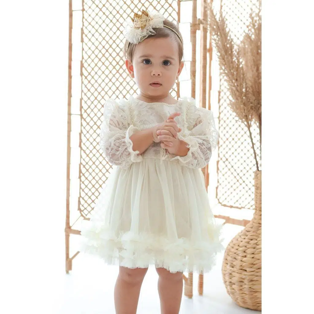 Kız Bebek Elbise Kız Çocuk Elbise Doğum Günü Parti Düğün Elbise Dantelli Uzun Kol Astarlı Elbise - Beyaz