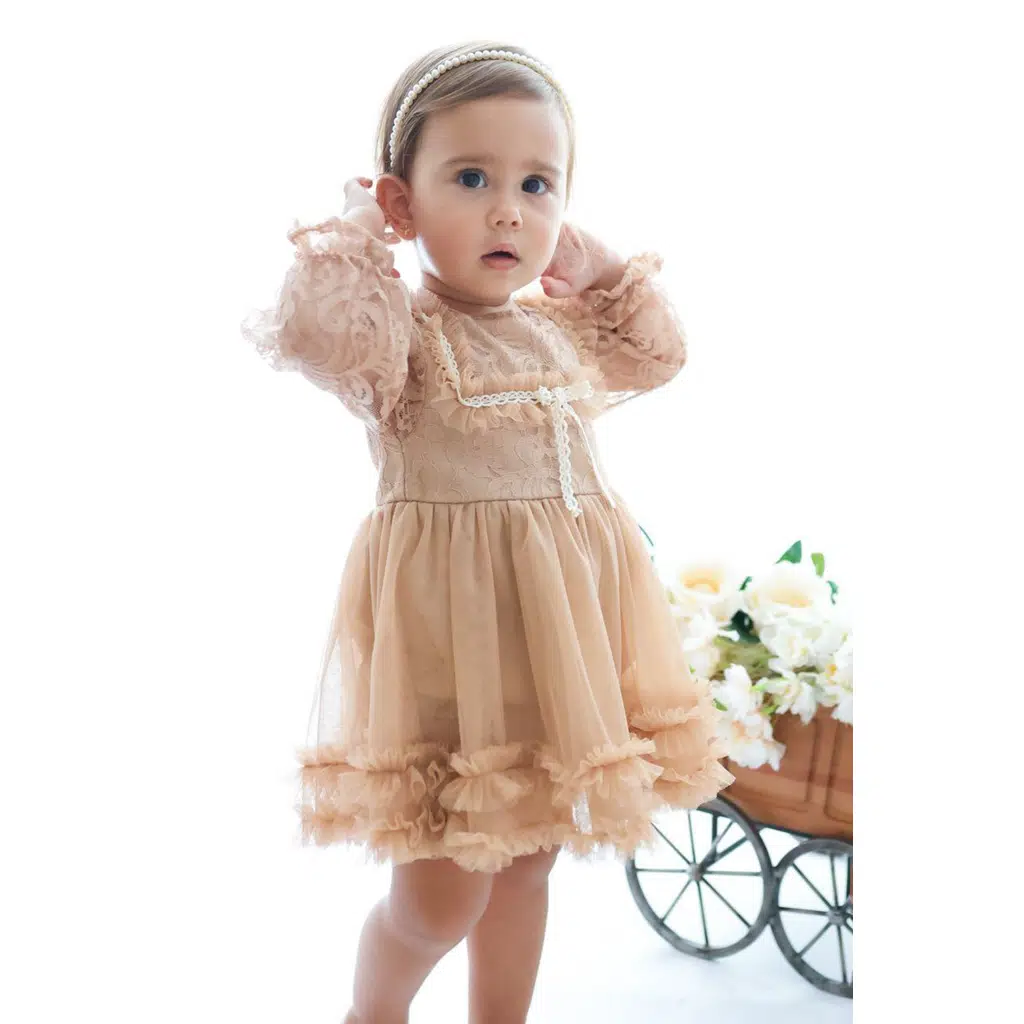 Kız Bebek Elbise Kız Çocuk Elbise Doğum Günü Parti Düğün Elbise Dantelli Uzun Kol Astarlı Elbise - Kahverengi