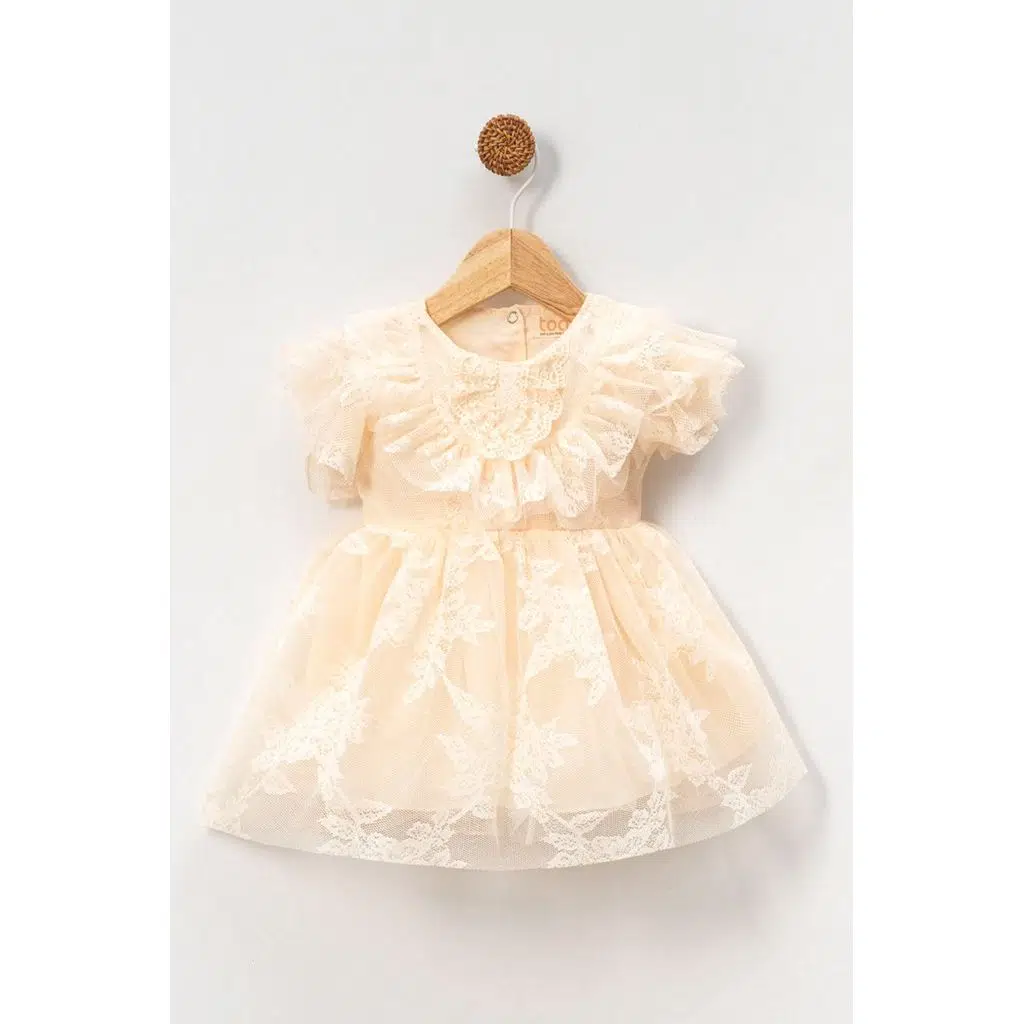 Kız Bebek Elbise Kız Çocuk Elbise Doğum Günü Parti Düğün Elbise Kısa Kollu Astarlı Elbise - Krem