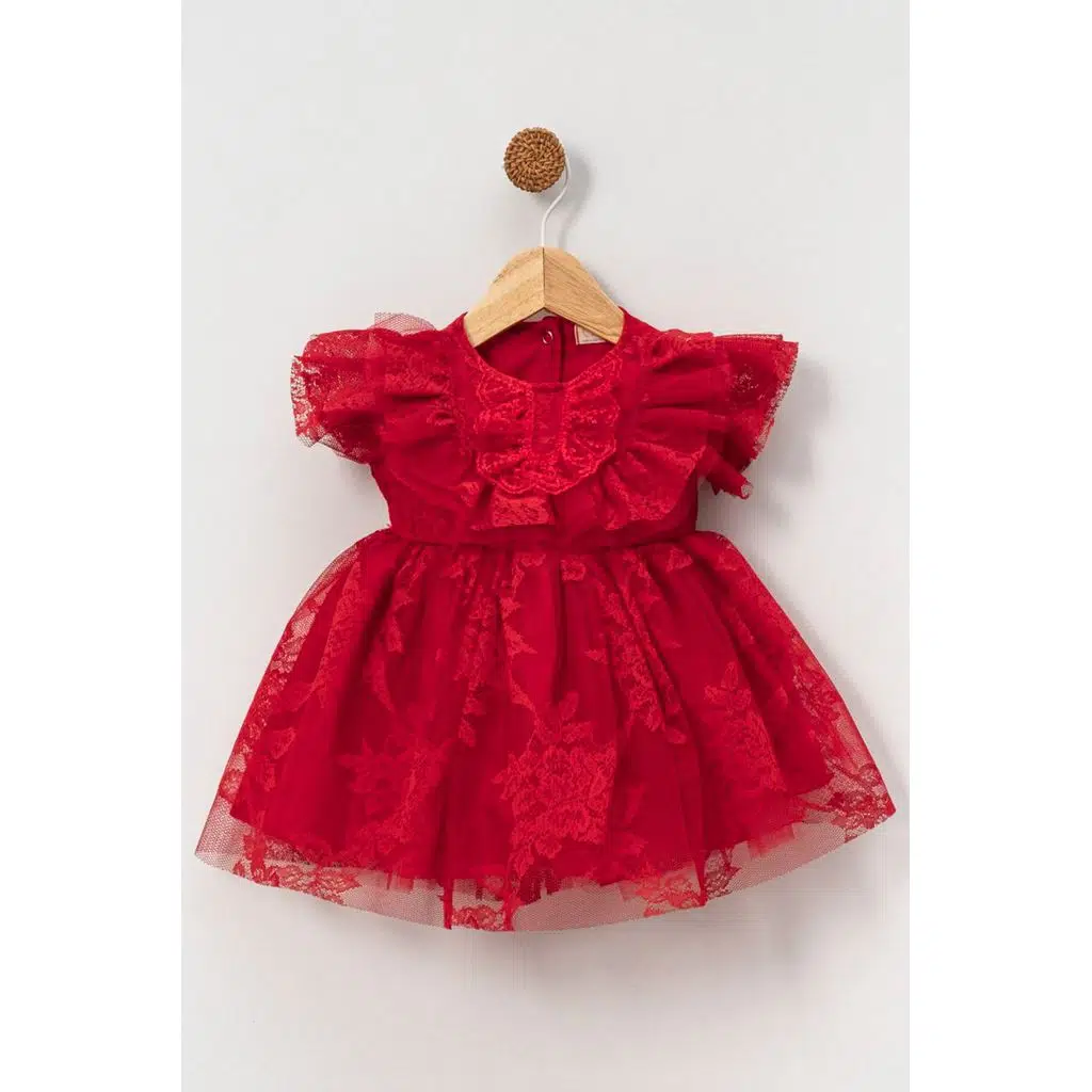 Kız Bebek Elbise Kız Çocuk Elbise Doğum Günü Parti Düğün Elbise Kısa Kollu Astarlı Elbise - Kırmızı