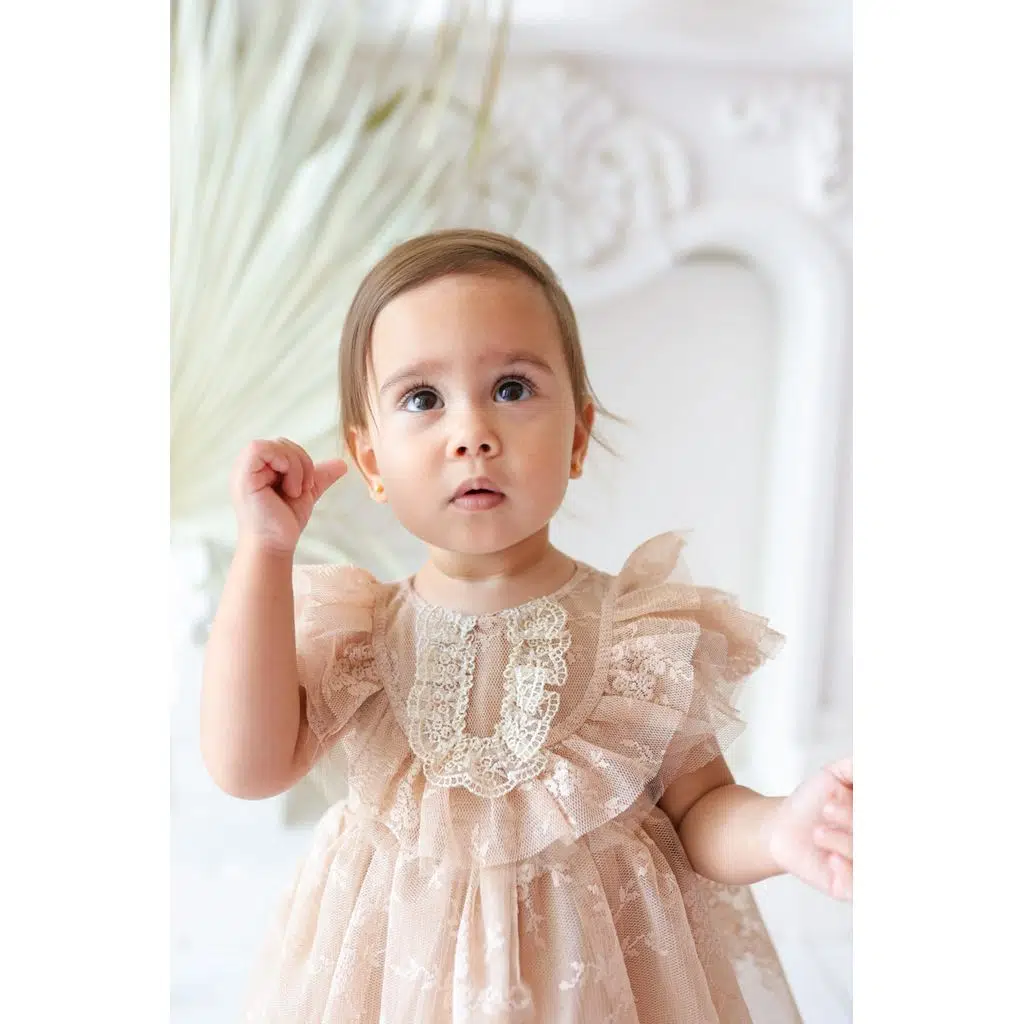 Kız Bebek Elbise Kız Çocuk Elbise Doğum Günü Parti Düğün Elbise Kısa Kollu Astarlı Elbise - Açık Kahverengi