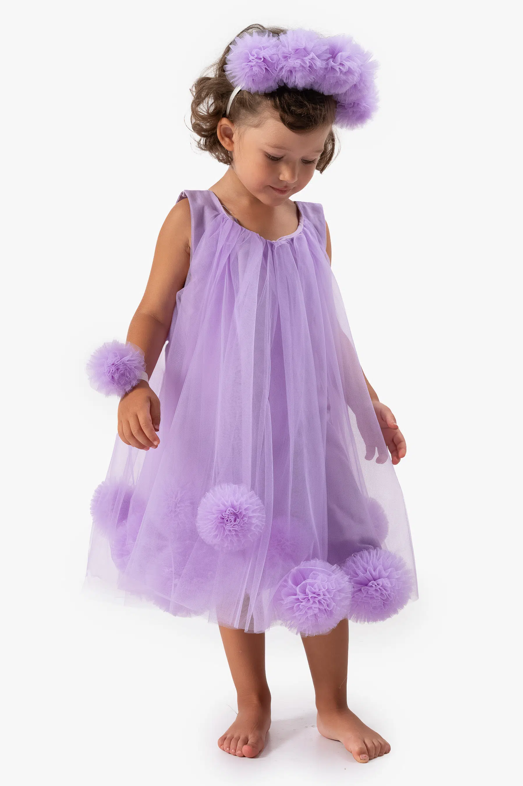 Kız Bebek Elbise Kız Çocuk Elbise Doğum Günü Parti Düğün Elbise Taçlı Kolsuz Astarlı Elbise - Mor