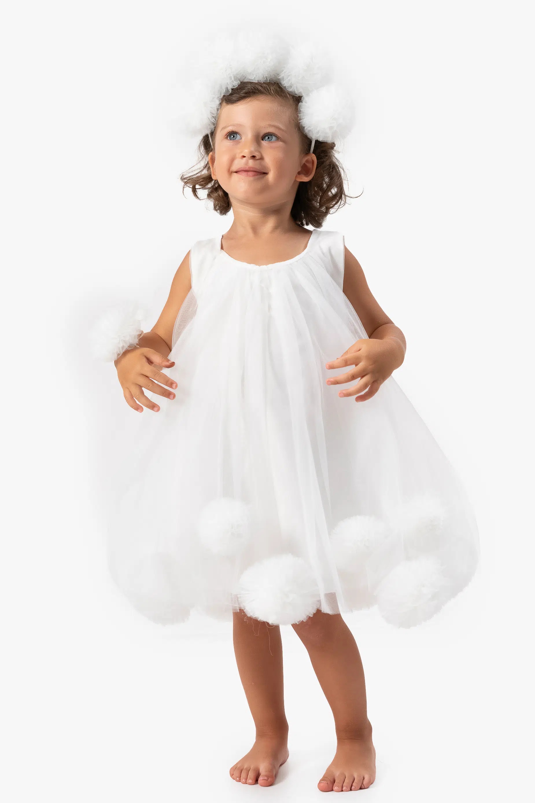 Kız Bebek Elbise Kız Çocuk Elbise Doğum Günü Parti Düğün Elbise Taçlı Kolsuz Astarlı Elbise - Beyaz
