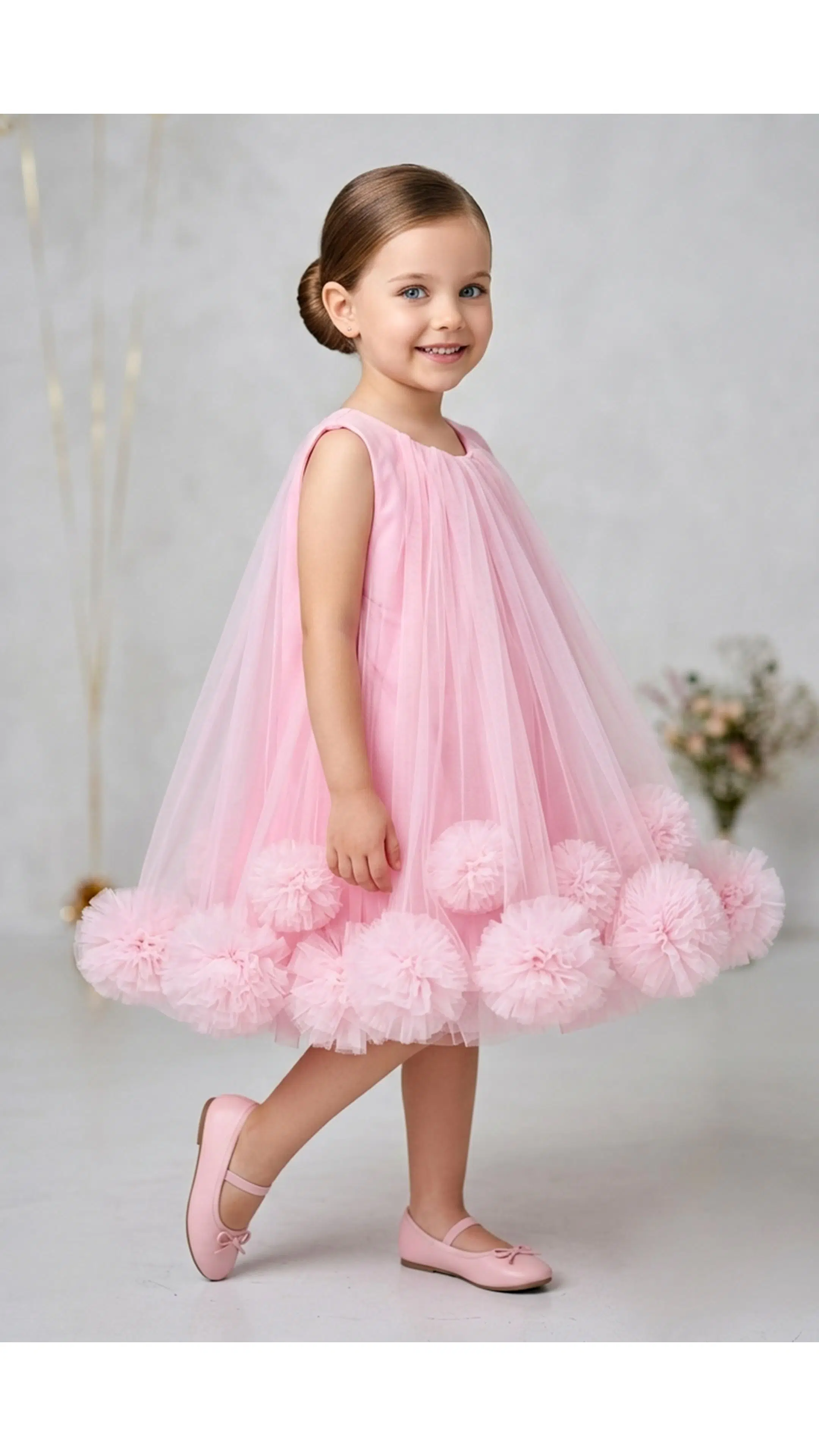 Kız Bebek Elbise Kız Çocuk Elbise Doğum Günü Parti Düğün Elbise Taçlı Kolsuz Astarlı Elbise - Pembe