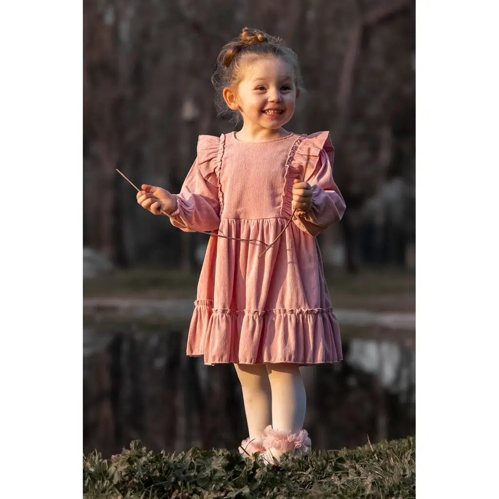 Kız Bebek Elbise Kız Çocuk Elbise Doğum Günü Parti Düğün Elbise Uzun Kol Bebek Giyim - Pembe