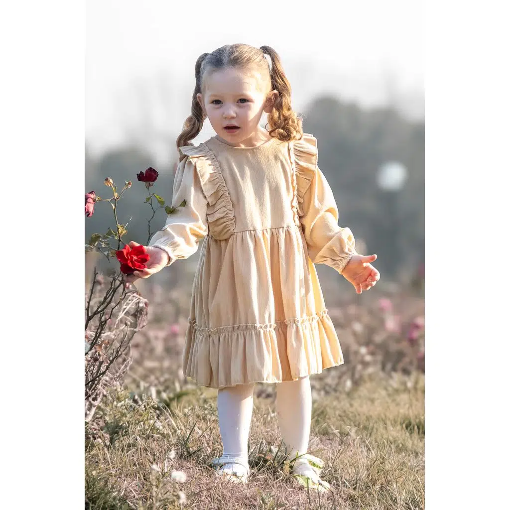 Kız Bebek Elbise Kız Çocuk Elbise Doğum Günü Parti Düğün Elbise Uzun Kol Bebek Giyim - Krem