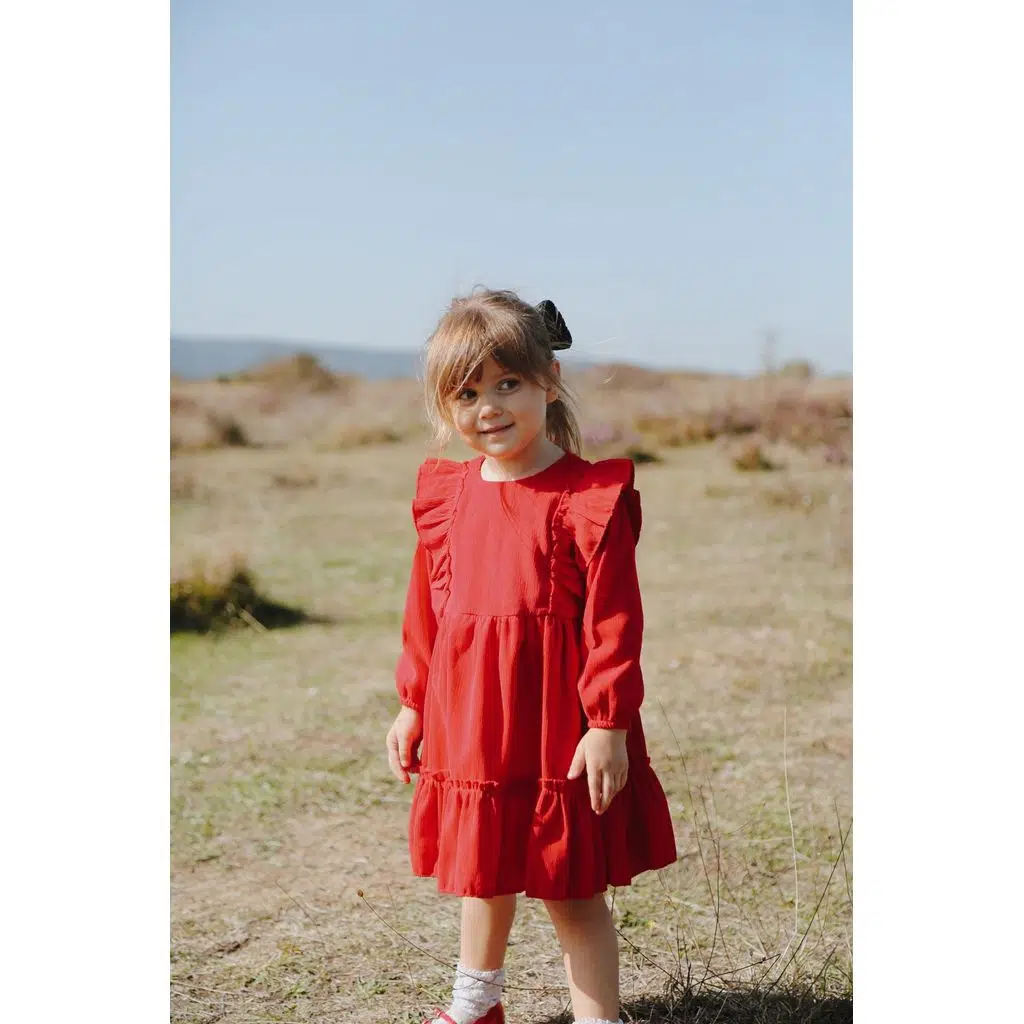 Kız Bebek Elbise Kız Çocuk Elbise Doğum Günü Parti Düğün Elbise Uzun Kol Bebek Giyim - Kırmızı