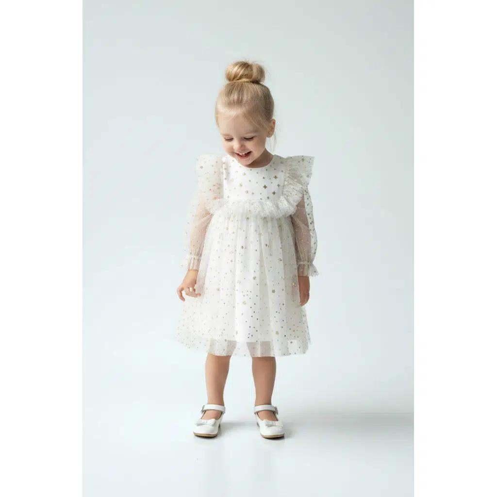 Kız Bebek Elbise Kız Çocuk Elbise Doğum Günü Parti Düğün Elbise Uzun Kollu Astarlı Elbise - Beyaz