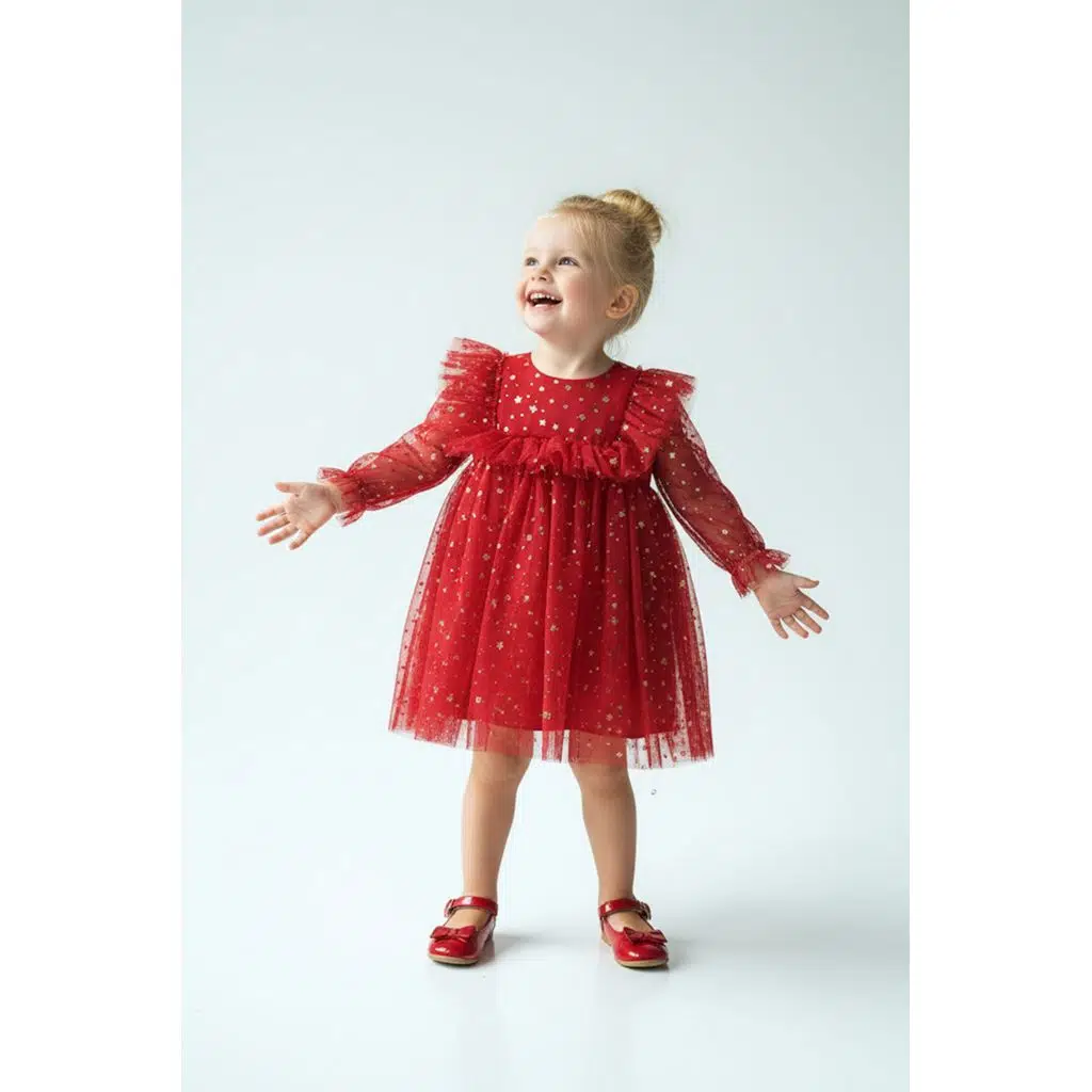 Kız Bebek Elbise Kız Çocuk Elbise Doğum Günü Parti Düğün Elbise Uzun Kollu Astarlı Elbise - Kırmızı