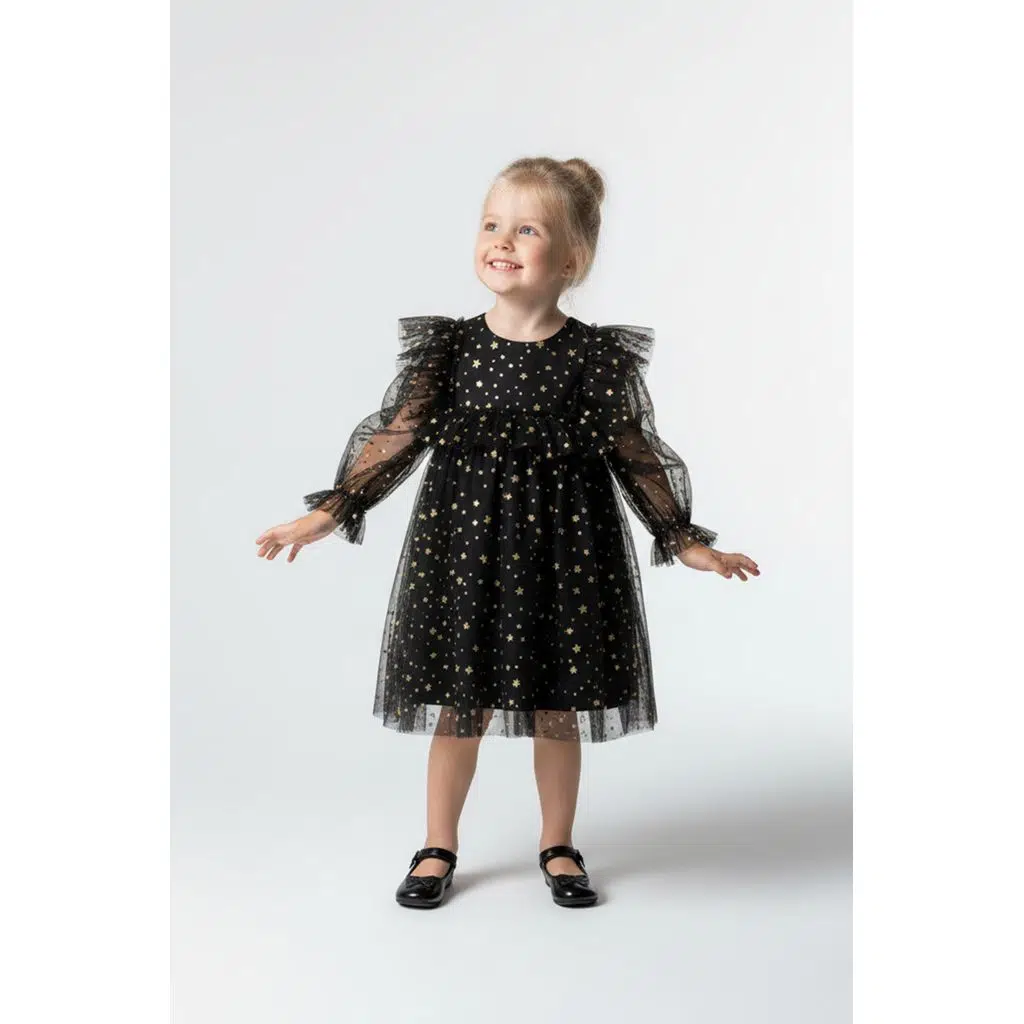 Kız Bebek Elbise Kız Çocuk Elbise Doğum Günü Parti Düğün Elbise Uzun Kollu Astarlı Elbise - Siyah