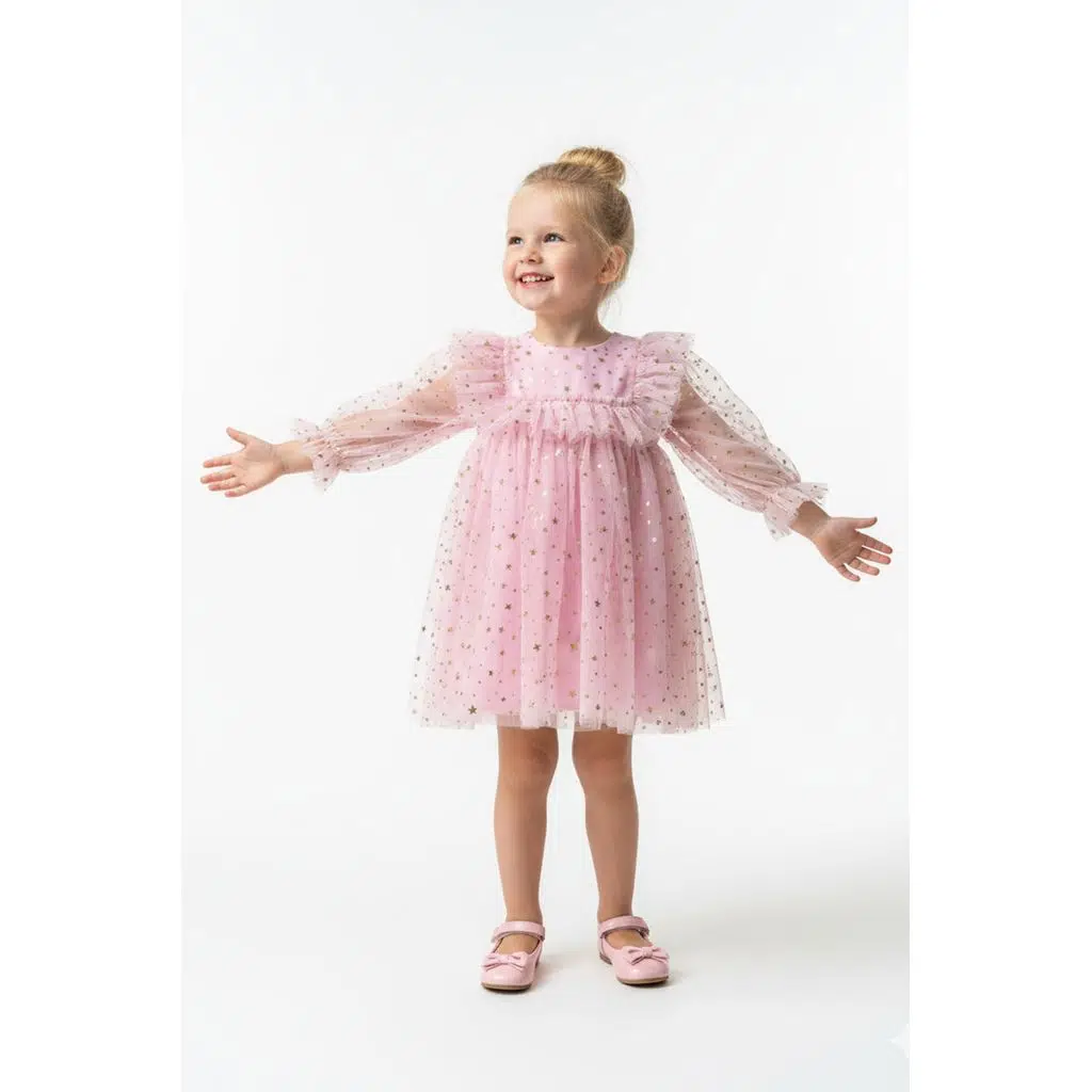 Kız Bebek Elbise Kız Çocuk Elbise Doğum Günü Parti Düğün Elbise Uzun Kollu Astarlı Elbise - Pembe