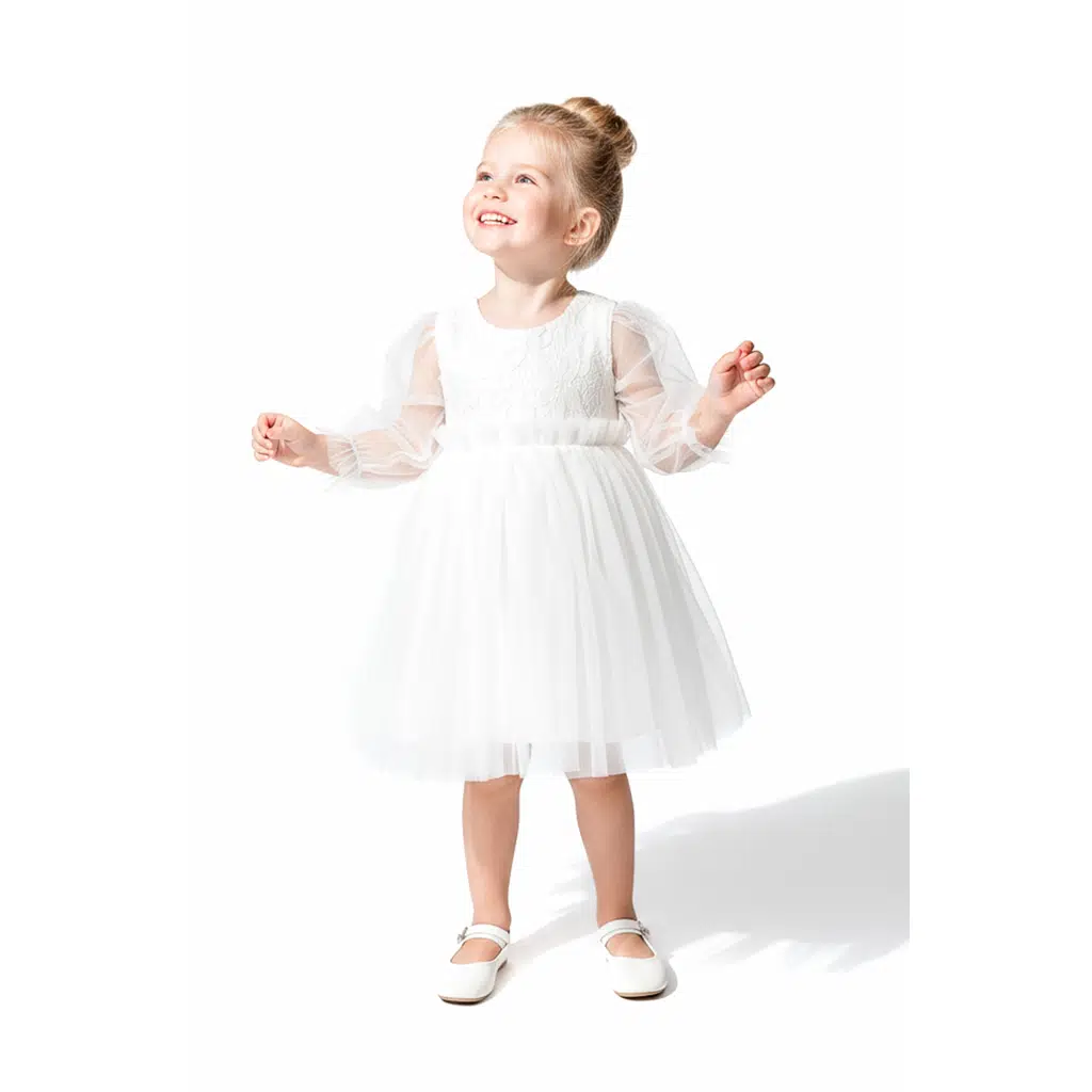 Kız Bebek Elbise Kız Çocuk Elbise Doğum Günü Parti Düğün Elbise Uzun Kollu Astarlı Elbise - Beyaz