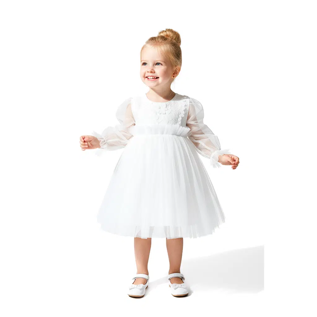 Kız Bebek Elbise Kız Çocuk Elbise Doğum Günü Parti Düğün Elbise Uzun Kollu Astarlı Elbise - Krem