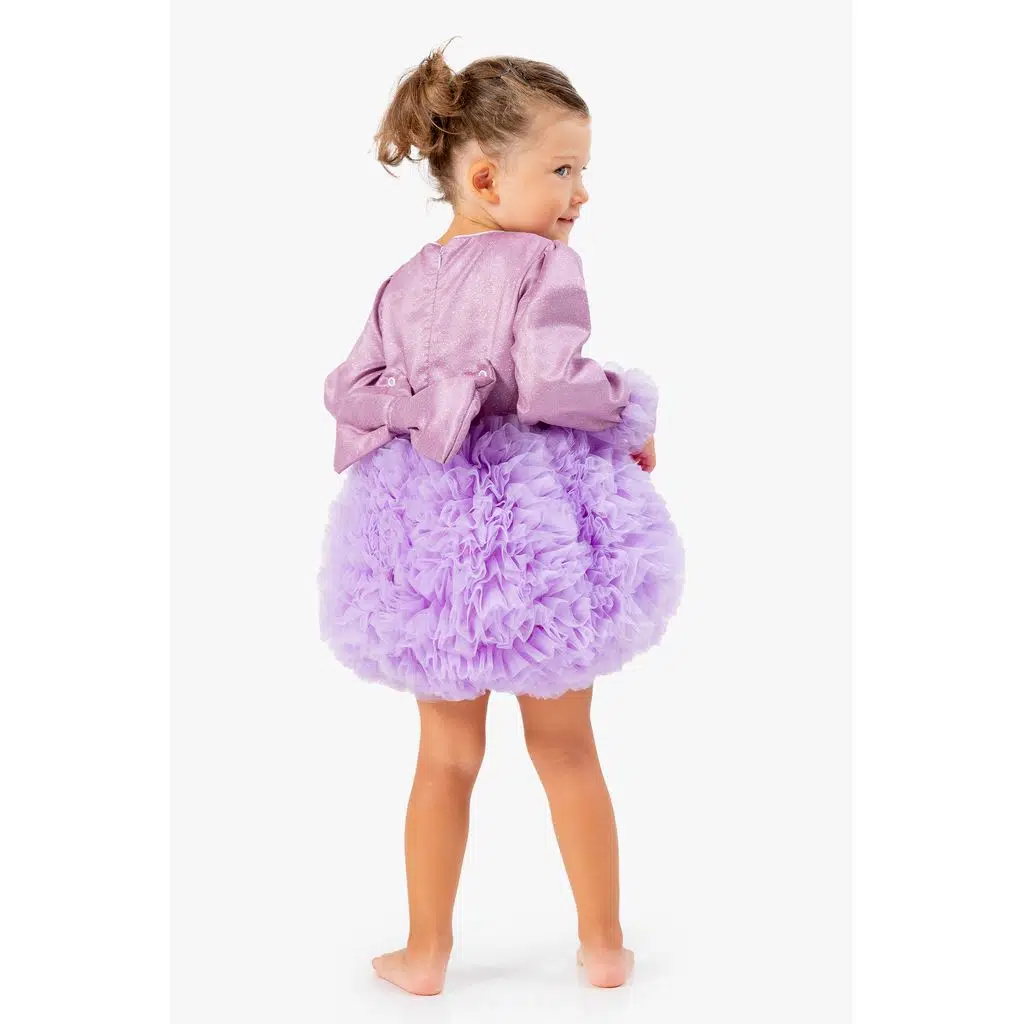 Kız Bebek Elbise Kız Çocuk Elbise Doğum Günü Parti Düğün Tütü Tüllü Uzun Kollu Astarlı Elbise - Mor
