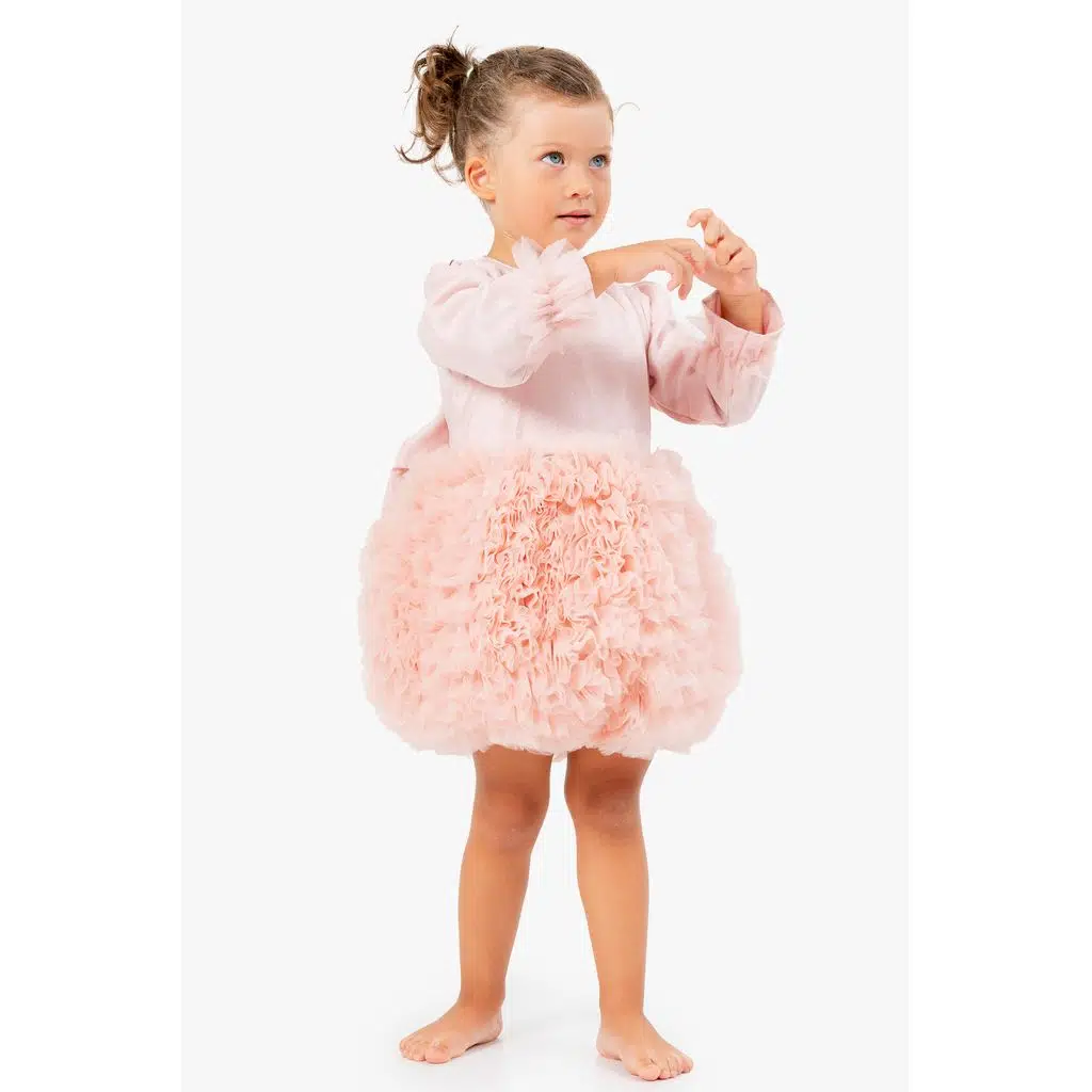 Kız Bebek Elbise Kız Çocuk Elbise Doğum Günü Parti Düğün Tütü Tüllü Uzun Kollu Astarlı Elbise - Pembe