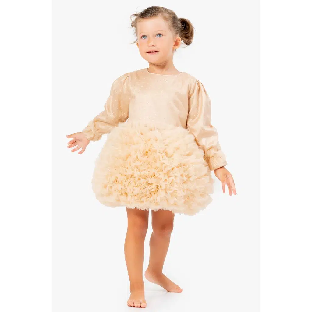 Kız Bebek Elbise Kız Çocuk Elbise Doğum Günü Parti Düğün Tütü Tüllü Uzun Kollu Astarlı Elbise - Altın
