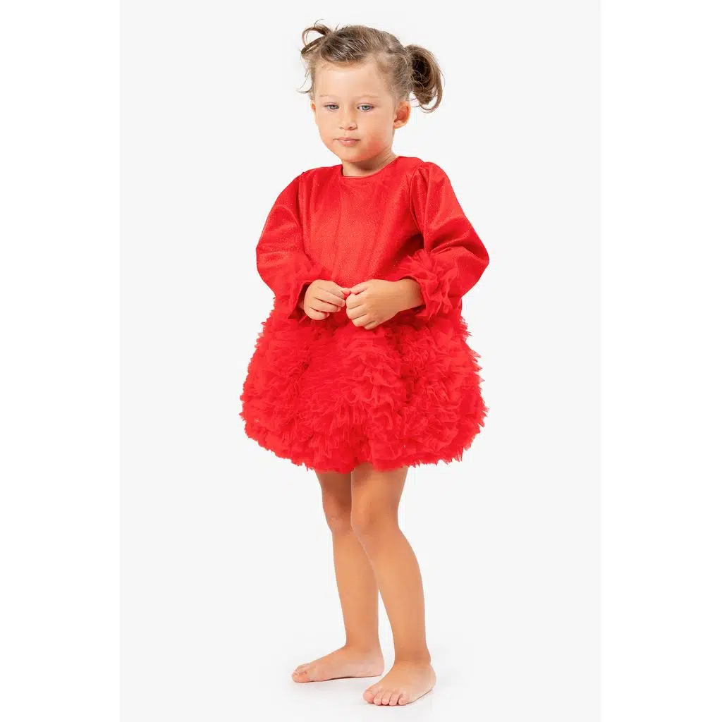 Kız Bebek Elbise Kız Çocuk Elbise Doğum Günü Parti Düğün Tütü Tüllü Uzun Kollu Astarlı Elbise - Kırmızı