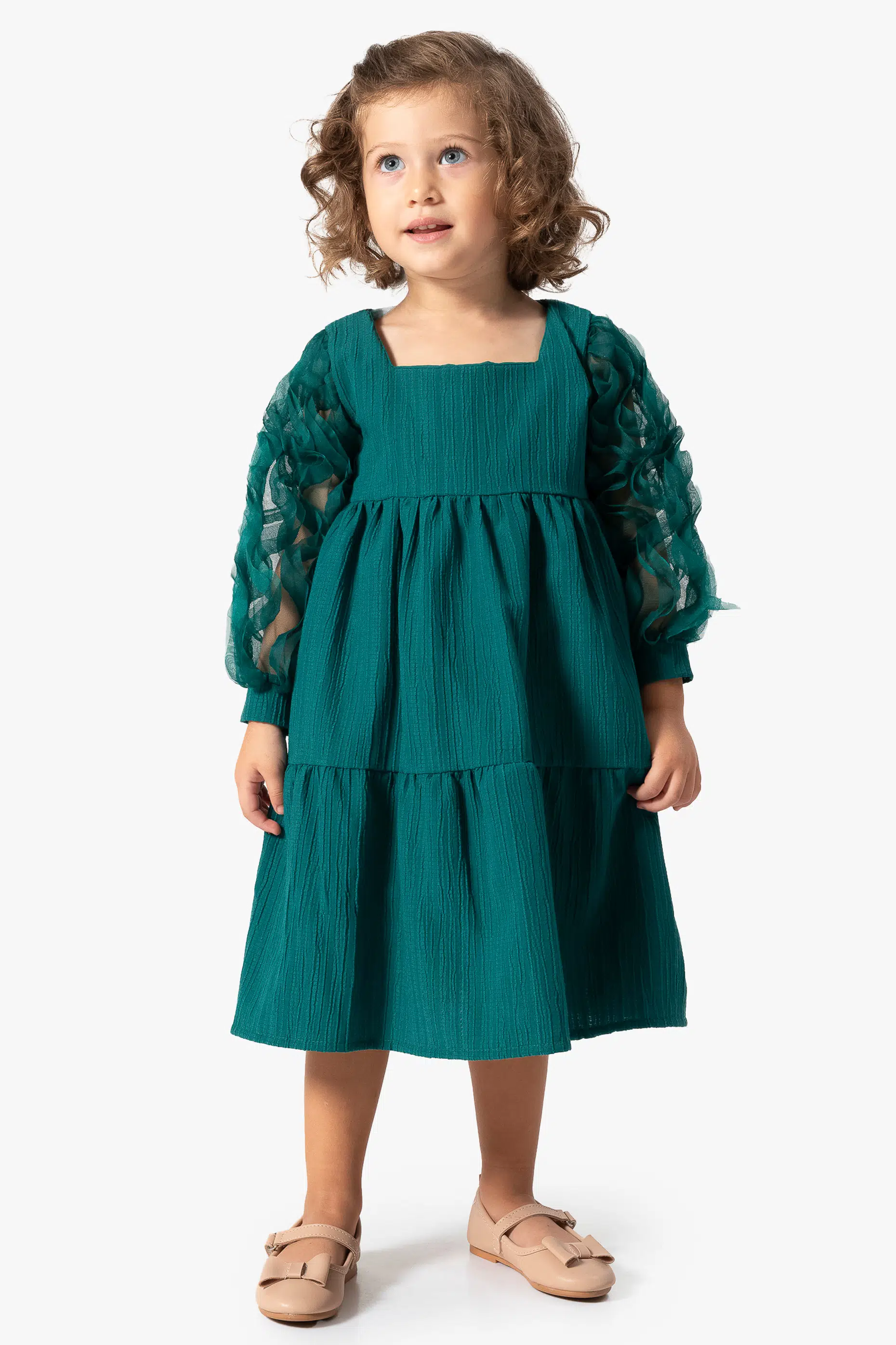 Kız Bebek Elbise Kız Çocuk Elbise Doğum Günü Parti Düğün Tütü Tüllü Uzun Kollu Astarlı Elbise - Yeşil