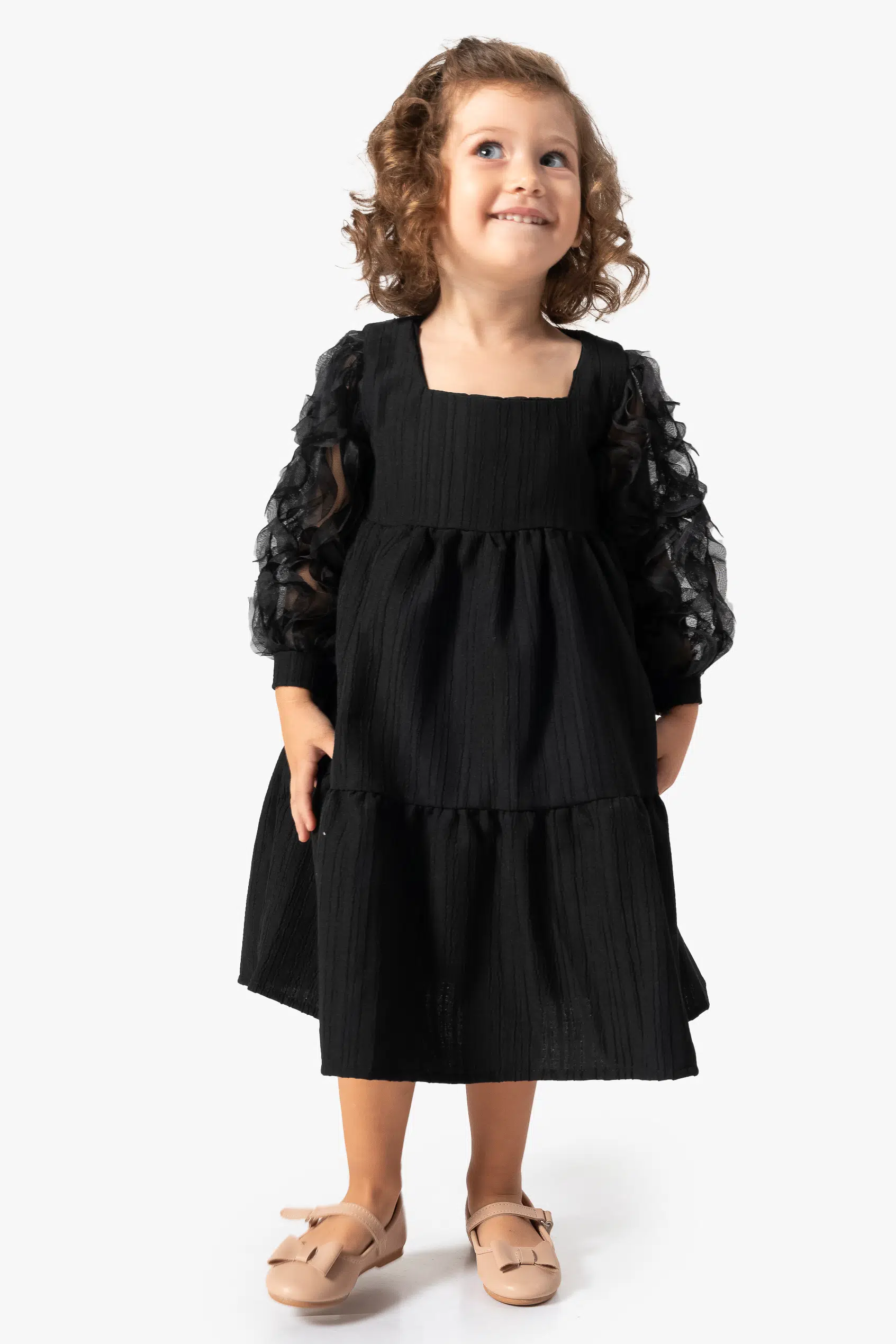 Kız Bebek Elbise Kız Çocuk Elbise Doğum Günü Parti Düğün Tütü Tüllü Uzun Kollu Astarlı Elbise - Siyah