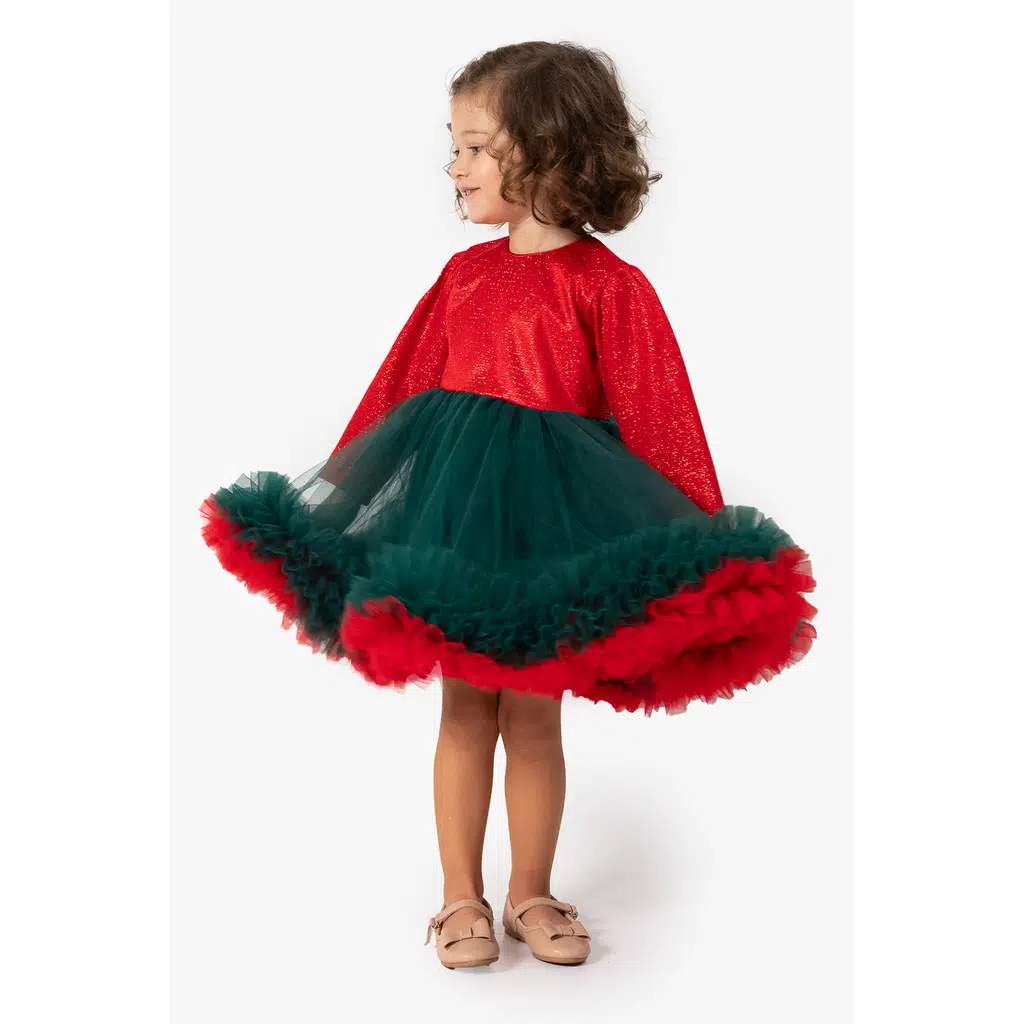 Kız Bebek Elbise Kız Çocuk Elbise Doğum Günü Parti Düğün Tütü Tüllü Uzun Kollu Astarlı Elbise - Kırmızı