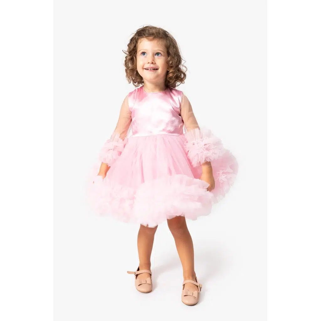 Kız Bebek Elbise Kız Çocuk Elbise Doğum Günü Parti Düğün Tütü Tüllü Uzun Kollu Astarlı Elbise - Pembe