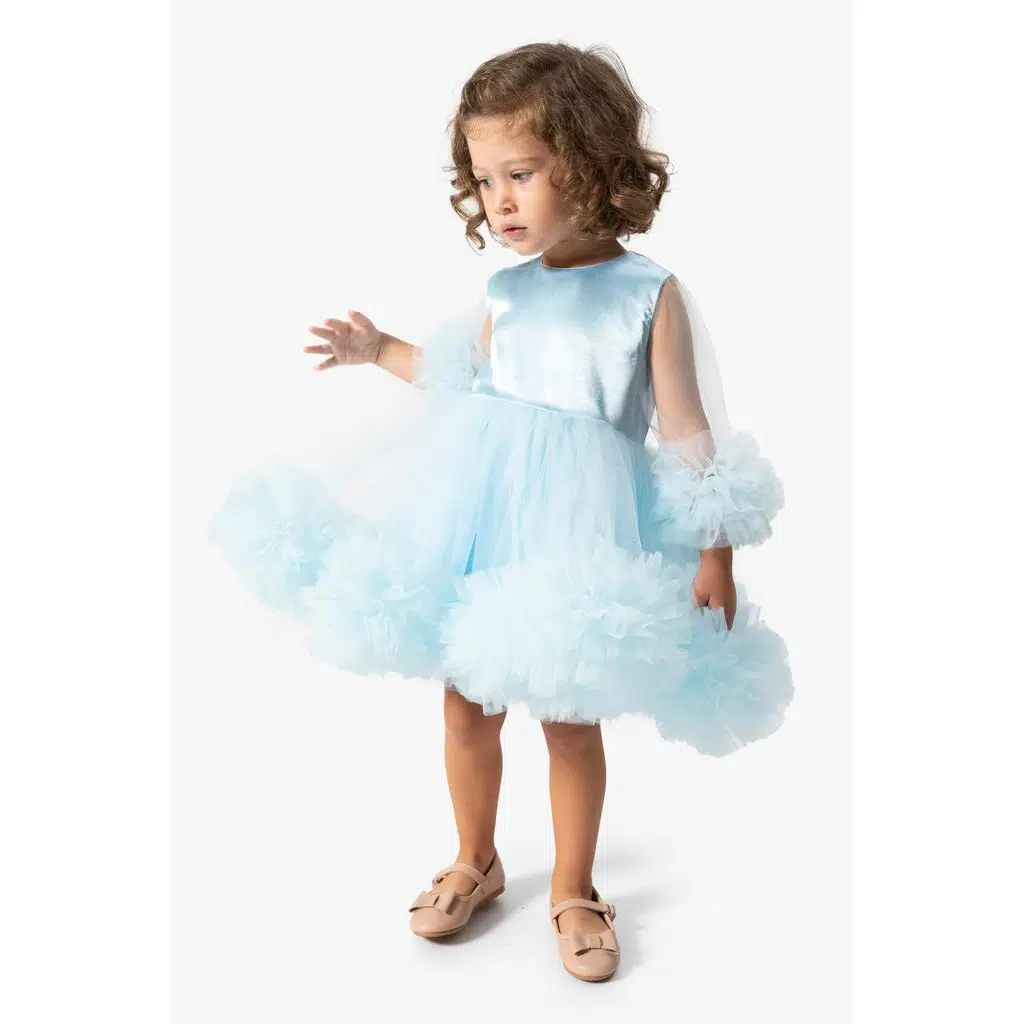 Kız Bebek Elbise Kız Çocuk Elbise Doğum Günü Parti Düğün Tütü Tüllü Uzun Kollu Astarlı Elbise - Mavi