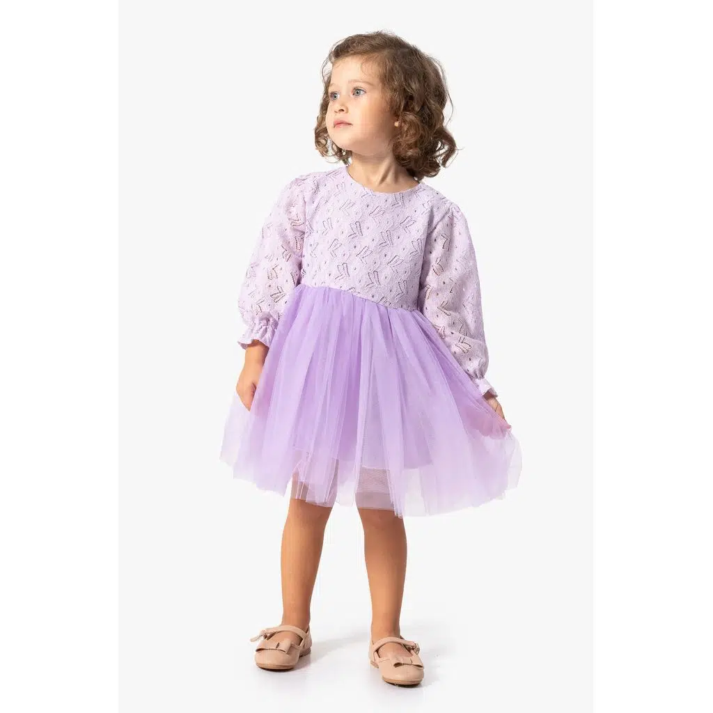 Kız Bebek Elbise Kız Çocuk Elbise Doğum Günü Parti Düğün Tütü Tüllü Uzun Kollu Astarlı Elbise - Mor