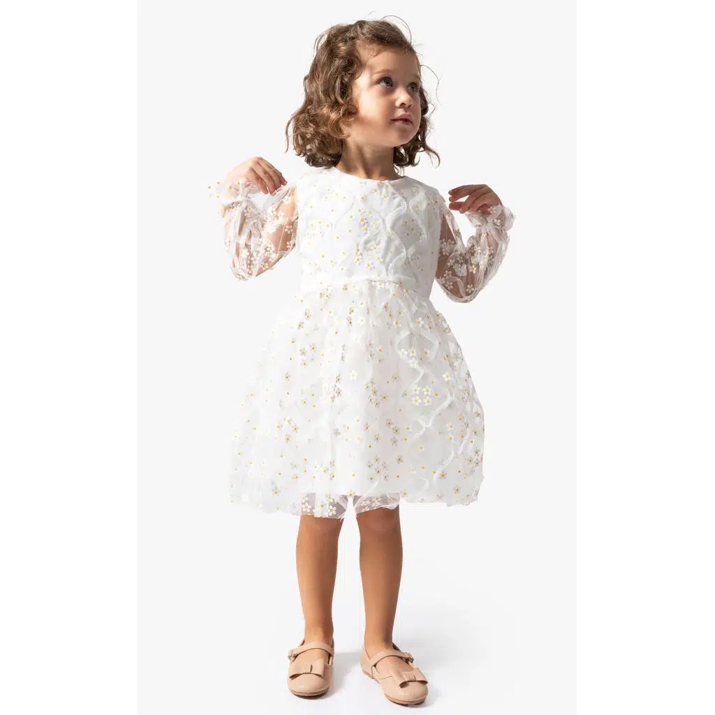 Kız Bebek Elbise Kız Çocuk Elbise Doğum Günü Parti Düğün Tütü Tüllü Uzun Kollu Astarlı Elbise - Beyaz