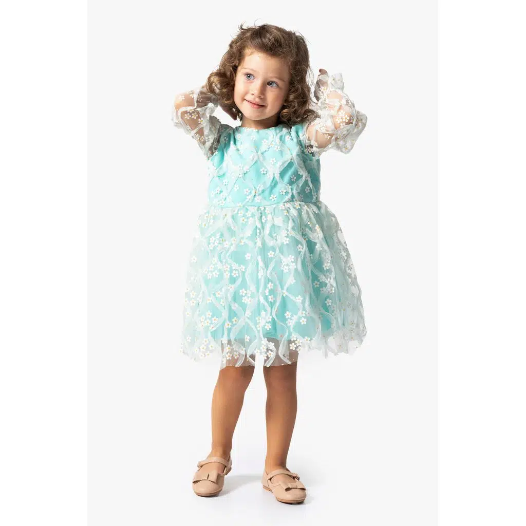 Kız Bebek Elbise Kız Çocuk Elbise Doğum Günü Parti Düğün Tütü Tüllü Uzun Kollu Astarlı Elbise - Yeşil