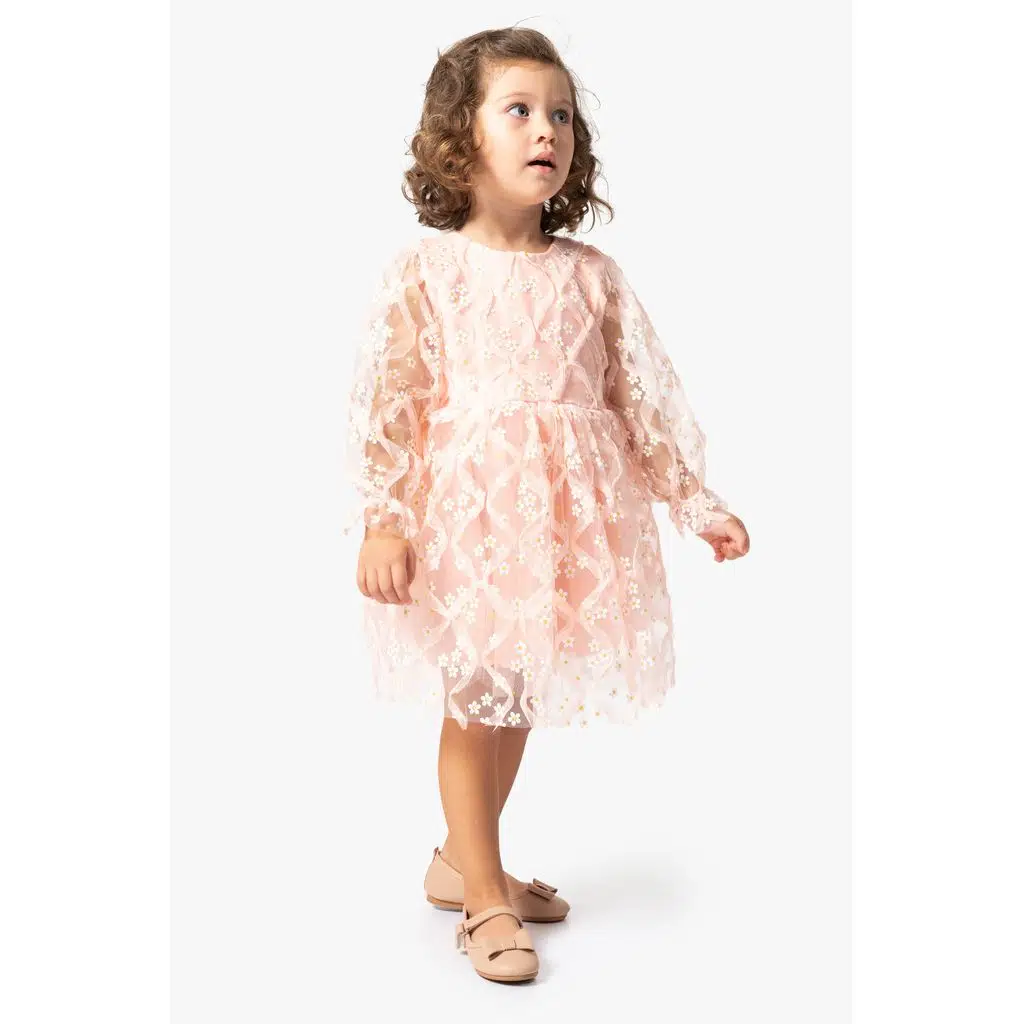 Kız Bebek Elbise Kız Çocuk Elbise Doğum Günü Parti Düğün Tütü Tüllü Uzun Kollu Astarlı Elbise - Pudra