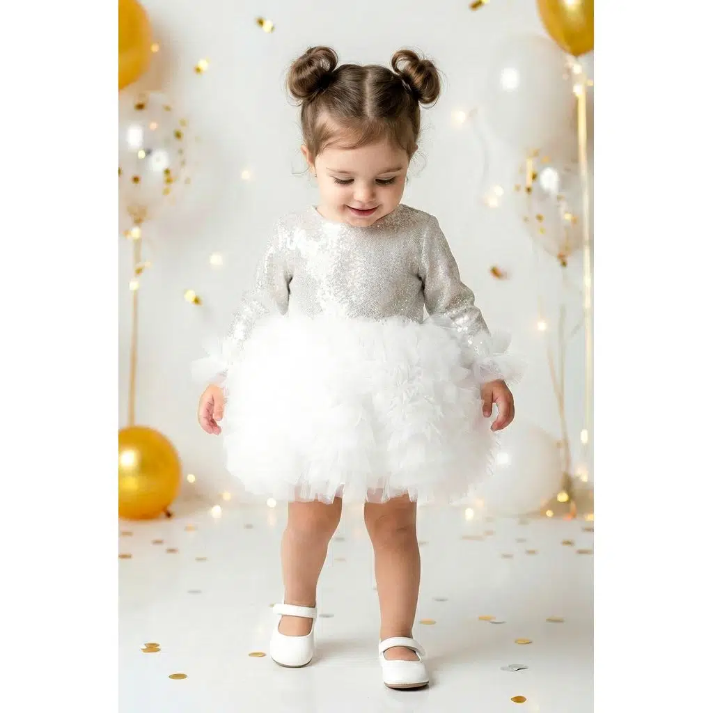 Kız Bebek Elbise Kız Çocuk Elbise Doğum Günü Parti Düğün Tütü Tüllü Uzun Kollu Astarlı Elbise - Beyaz