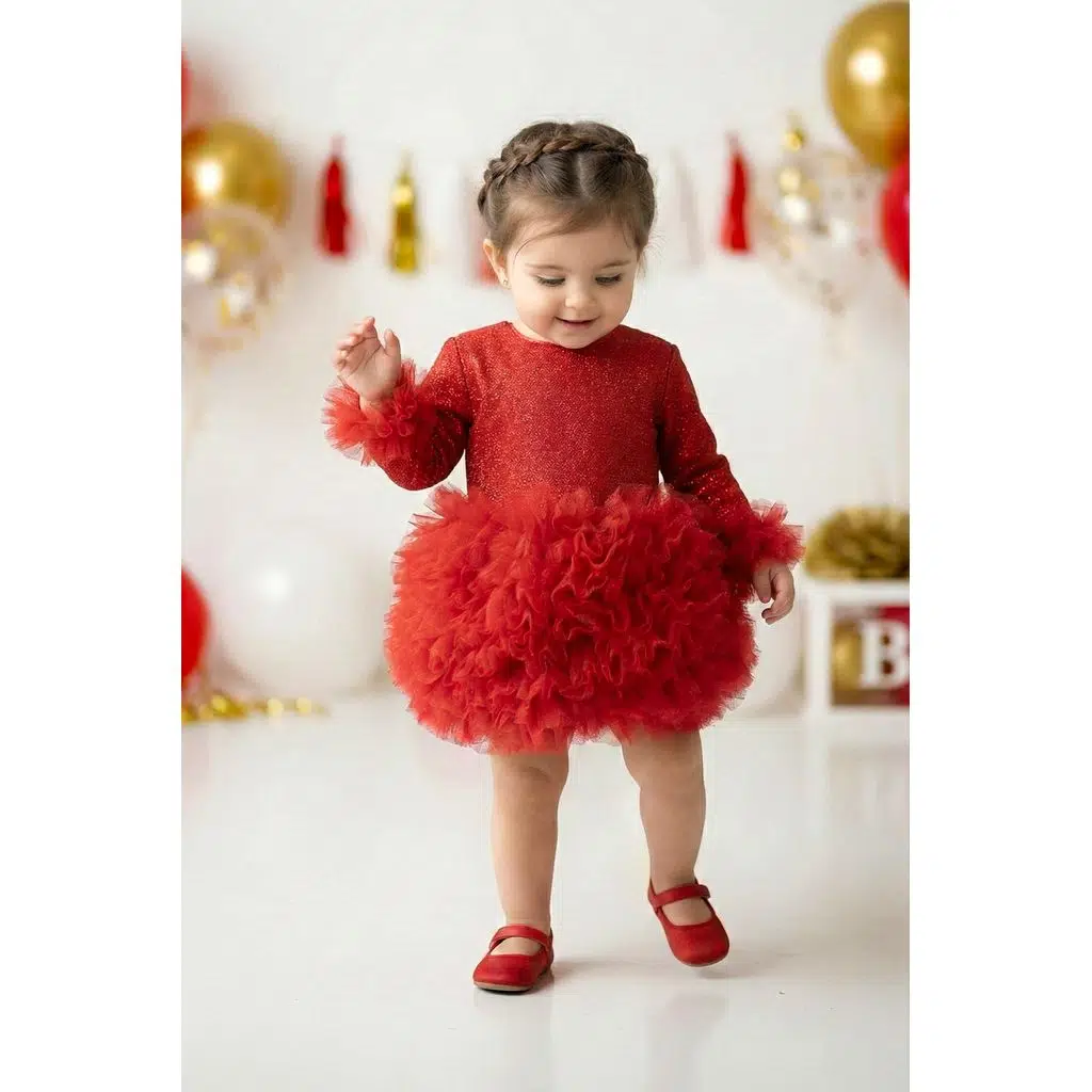 Kız Bebek Elbise Kız Çocuk Elbise Doğum Günü Parti Düğün Tütü Tüllü Uzun Kollu Astarlı Elbise - Kırmızı