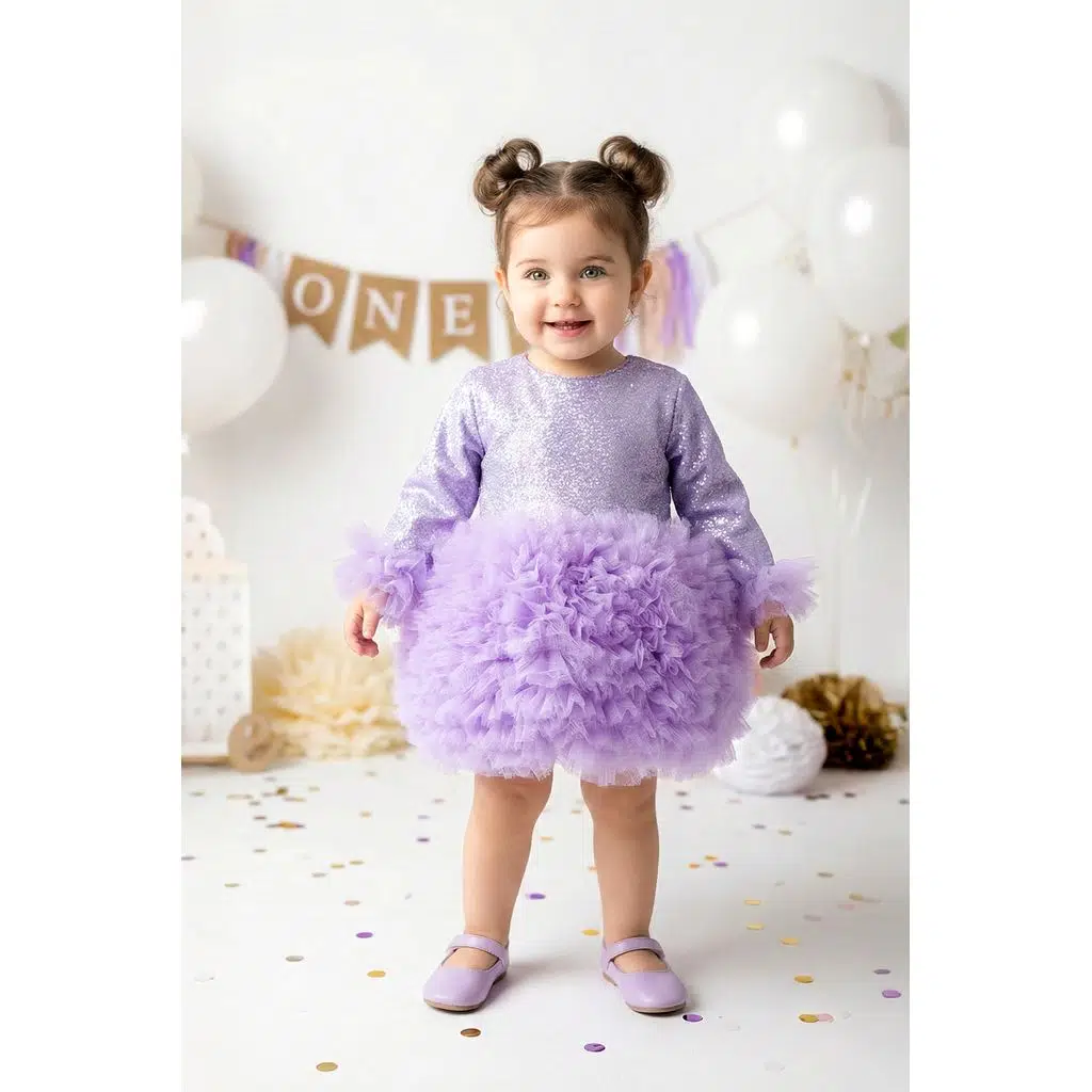 Kız Bebek Elbise Kız Çocuk Elbise Doğum Günü Parti Düğün Tütü Tüllü Uzun Kollu Astarlı Elbise - Mor