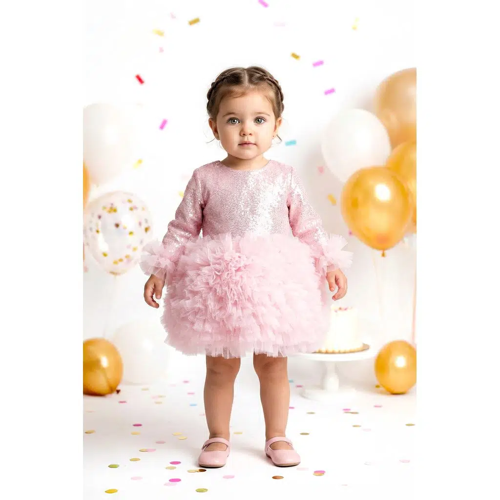Kız Bebek Elbise Kız Çocuk Elbise Doğum Günü Parti Düğün Tütü Tüllü Uzun Kollu Astarlı Elbise - Koyu Pembe