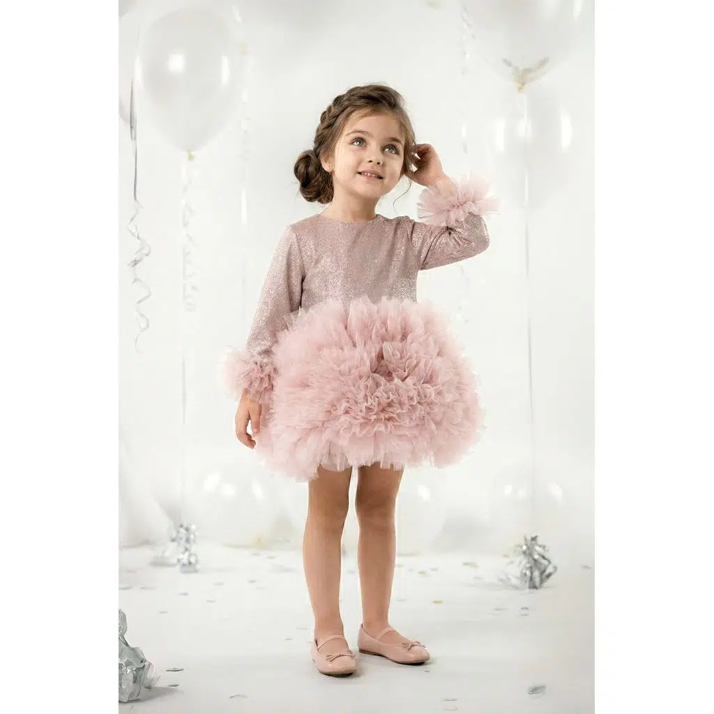 Kız Bebek Elbise Kız Çocuk Elbise Doğum Günü Parti Düğün Tütü Tüllü Uzun Kollu Astarlı Elbise - Pembe