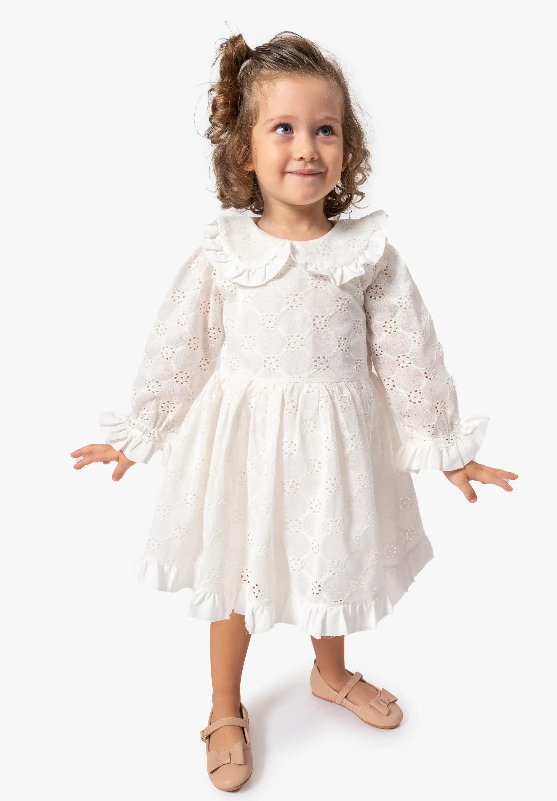 Kız Bebek Elbise Kız Çocuk Elbise Doğum Günü Parti Düğün Uzun Kollu Astarlı Pamuk Elbise - Beyaz
