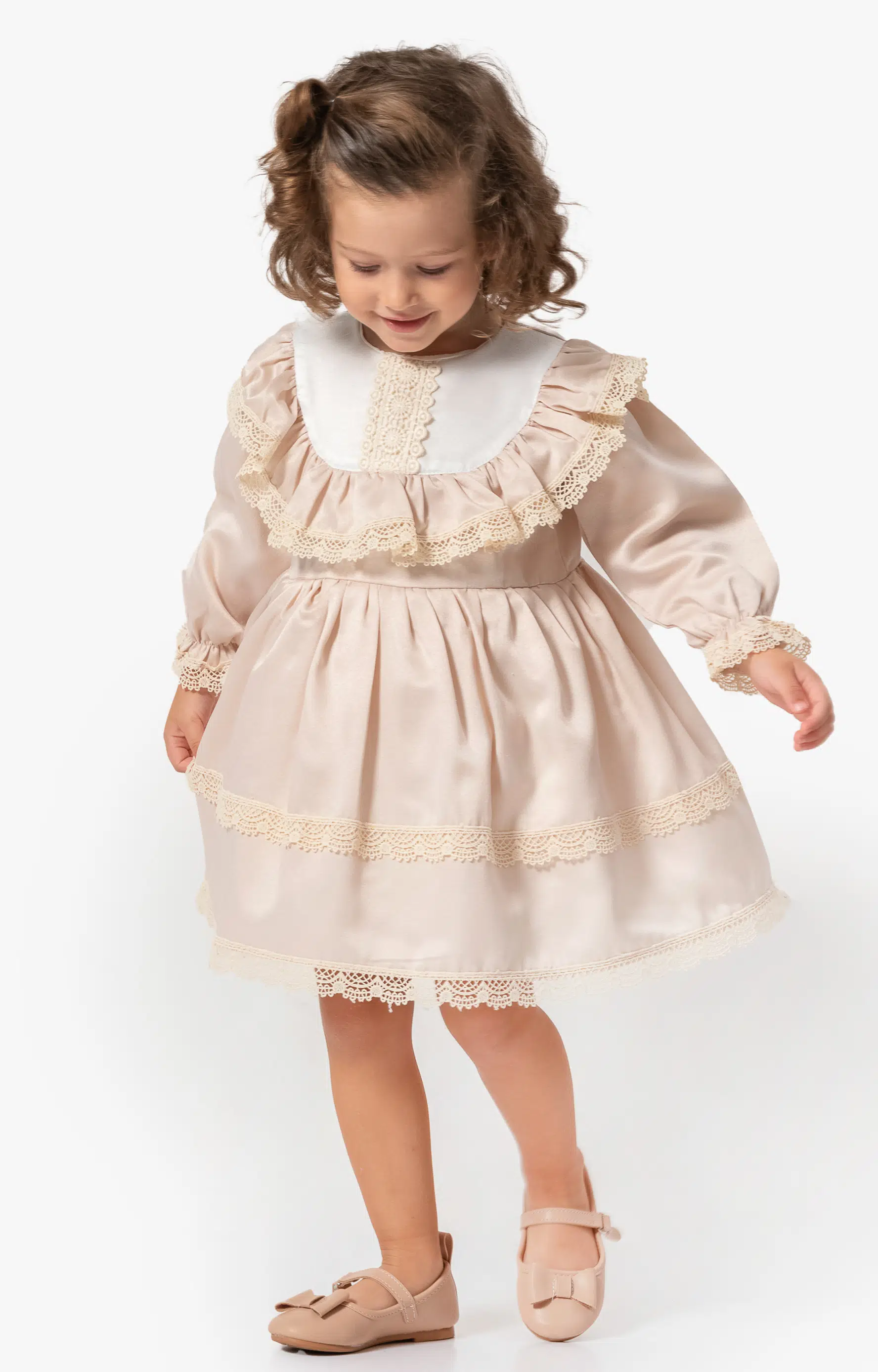 Kız Bebek Elbise Kız Çocuk Elbise Doğum Günü Parti Düğün Uzun Kollu Astarlı Pamuk Saten Elbise - Krem
