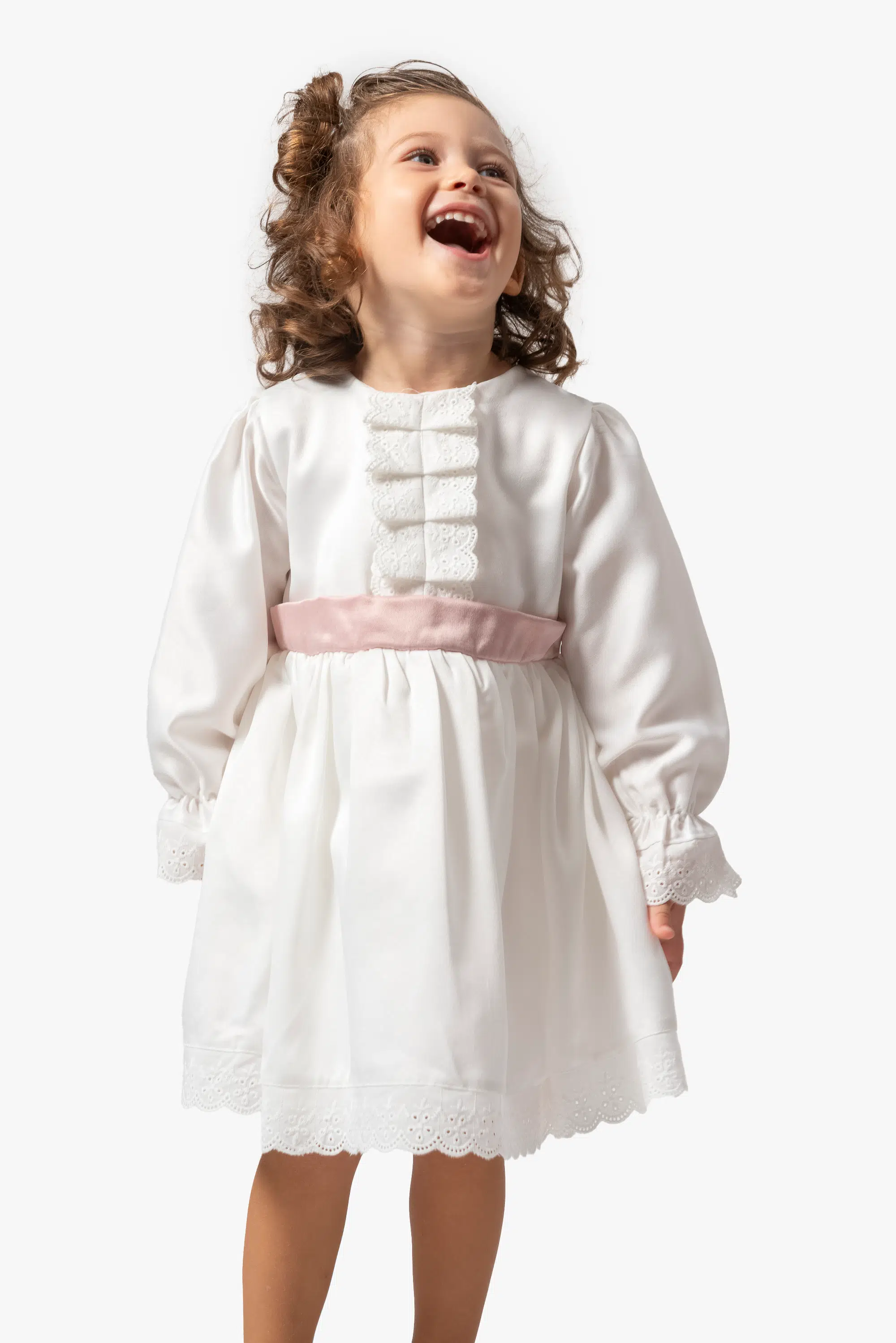 Kız Bebek Elbise Kız Çocuk Elbise Doğum Günü Parti Düğün Uzun Kollu Astarlı Pamuk Saten Elbise - Beyaz