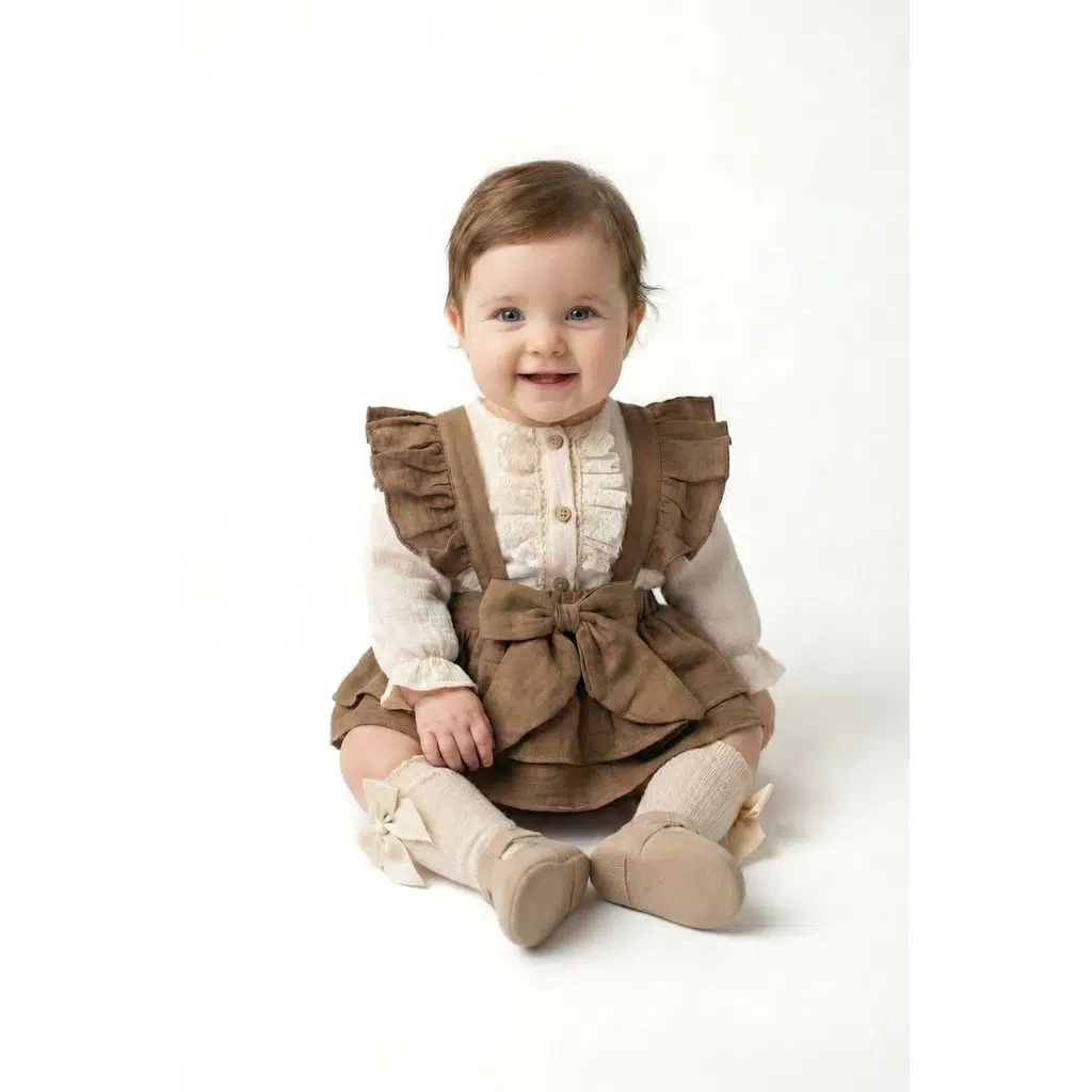 Kız Bebek Elbise Kız Çocuk Elbise Fiyonklu Doğum Günü Parti Düğün Özel Gün Bayramlık Romper - Kahverengi