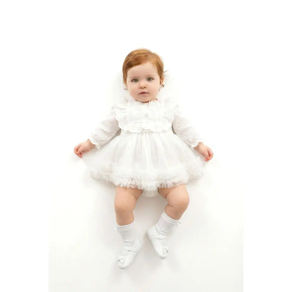 Kız Bebek Elbise Kız Çocuk Elbise Güllü Doğum Günü Parti Düğün Özel Gün Bayramlık Elbise - Beyaz